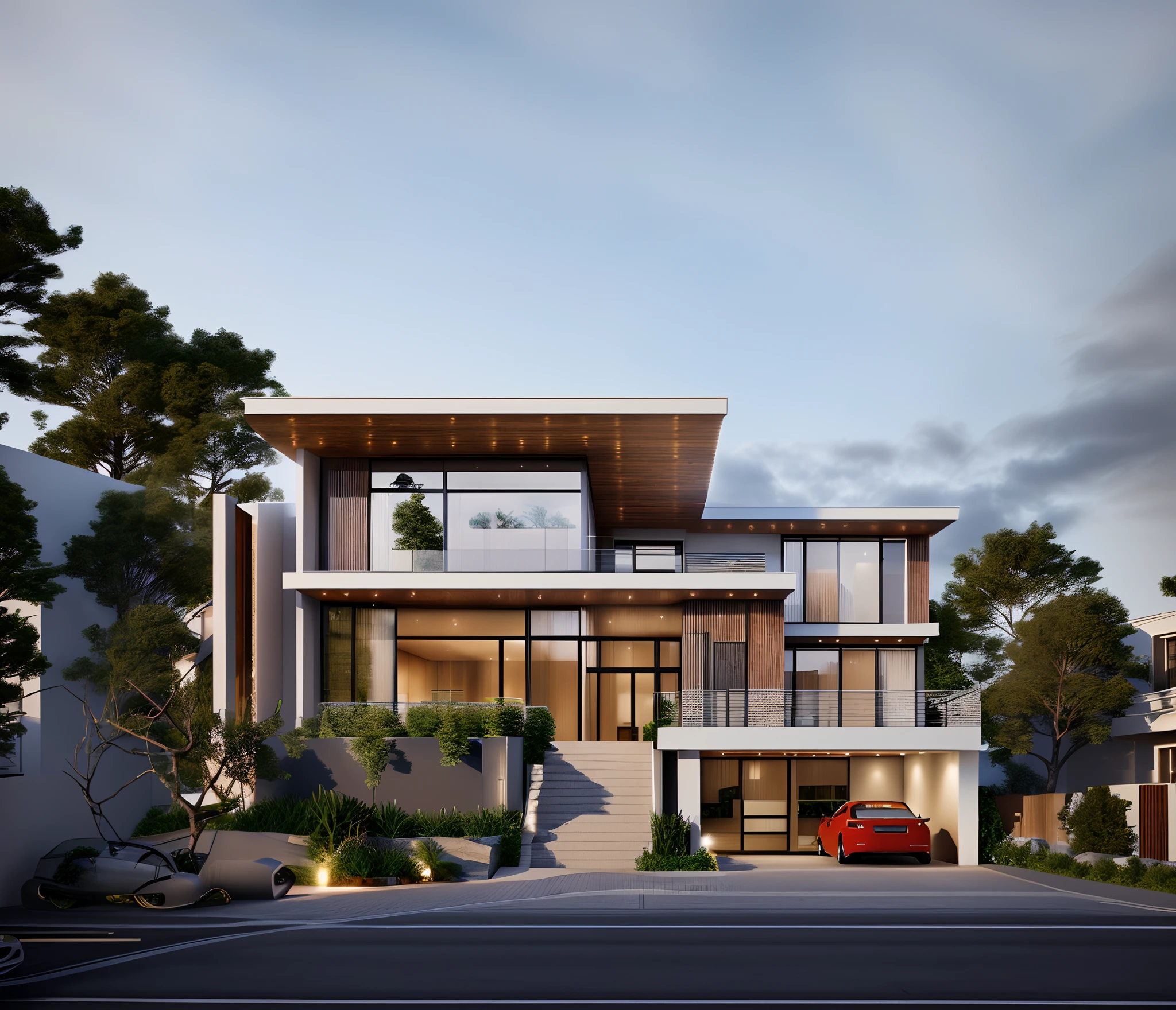 rendering of a modern residential townhouse, professional render, wide angle exterior 2023, highly detailed render, high quality rendering, realistic render, architectural render, high-quality render, detailed rendering, hyper-realistic render, hyper - realistic render, very realistic 3 d render, high render, realistic rendering, very realistic render