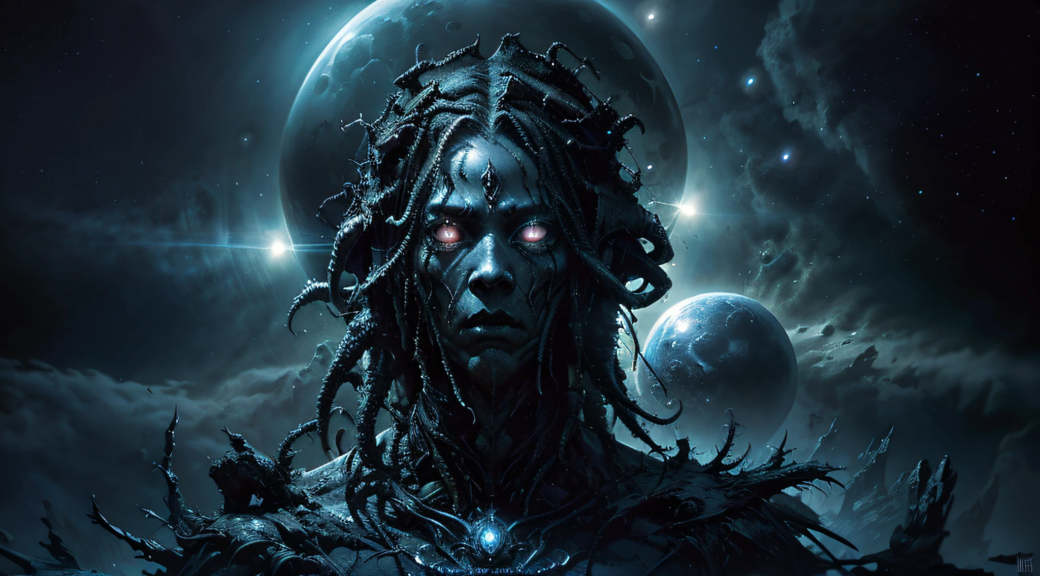 Space Monster, Cthulhu, Eyes glow, Through the eyes of space, Huge eyes on his face, ultrarealism, glistering, tinsel, Glowing dust, overdetalization,(Background: fractals, metamorphoses, filigree, Energy Flows ) The texture of the skin is detailed, Cinematic, The right composition, a closeup of a, a starry sky, luna, Masterpiece, magnificence, Horror, nightmare, Lovecraft, Giger, Bekshinsky