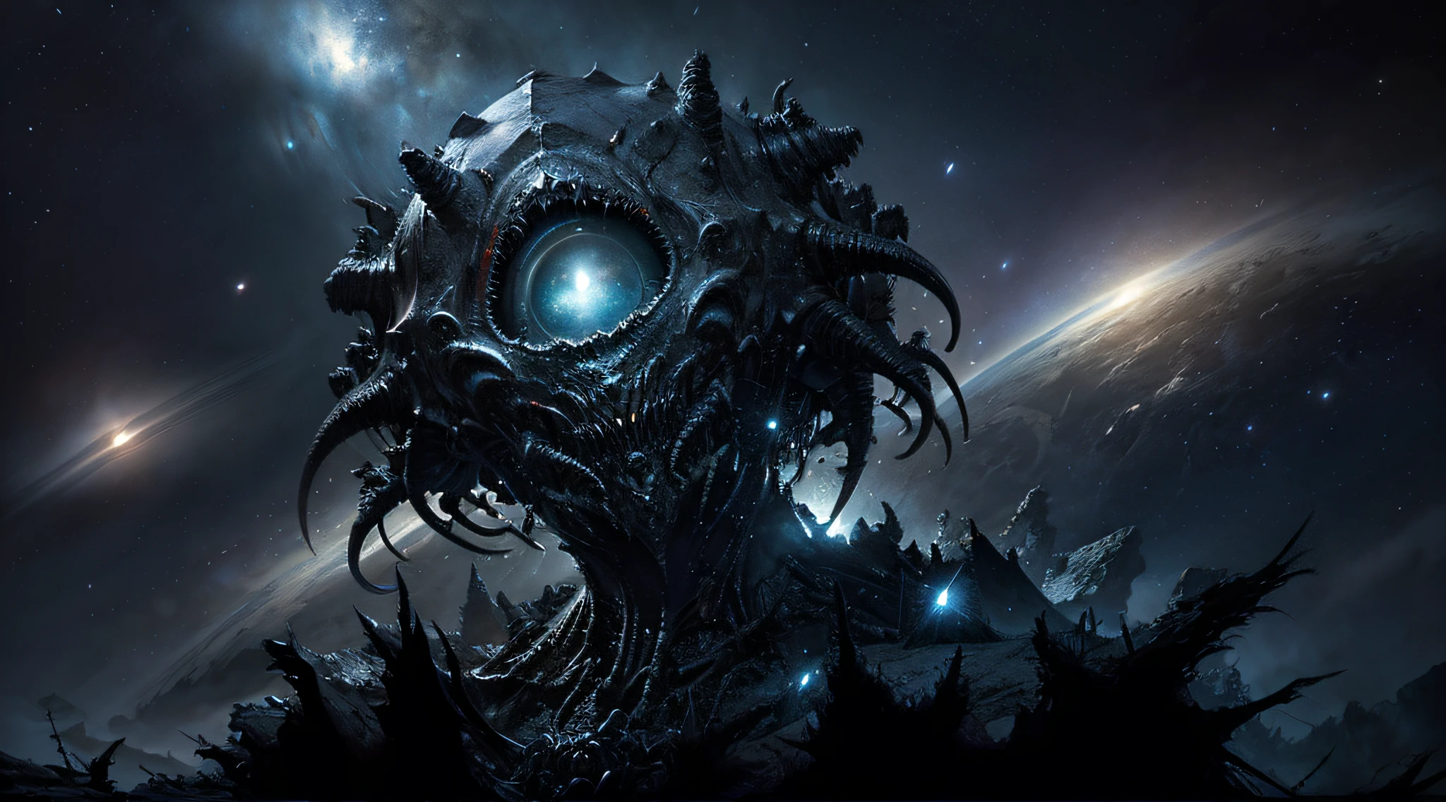 Space Monster, Cthulhu, Eyes glow, Through the eyes of space, Huge eyes on his face, ultrarealism, glistering, tinsel, Glowing dust, overdetalization,(Background: fractals, metamorphoses, filigree, Energy Flows ) The texture of the skin is detailed, Cinematic, The right composition, a closeup of a, a starry sky, luna, Masterpiece, magnificence, Horror, nightmare, Lovecraft, Giger, Bekshinsky