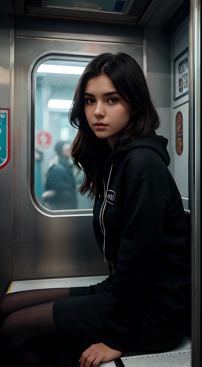 ['art by Ilya Kuvshinov, photograph, masterpiece, realistic, blue lights, photograph is taken from upper height, single girl photograph, low angle body shot of a Ultrarealistic fearless beautiful and hot woman,]., ultra wide low angle shot, dark lights, there is a girl sitting like a serious agent in the last seat of subway train alone, wearing black hoodie and black outfits, (( oval face, looking straight in the camera with seriousness expression, wavy dark hair, messy hair, ultra cute girl , goddess girl, 22 years old, fair skin tone )), looks suspecious, no fear, short hair, hoodie,
