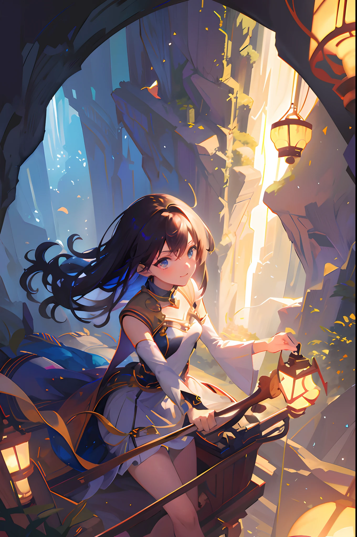 Create exquisite illustrations reminiscent of Makoto Shinkai's style, It has ultra-fine details and top-notch quality. Create an illustration of a fantastical and nostalgic cave exploration scene where a minecart, with a young girl aboard, is traversing along the tracks laid within the cave. The minecart's lanterns illuminate the path ahead as the girl excitedly explores the cave, marveling at the colorful gemstones embedded in the cave's walls. The cave's walls are adorned with a variety of colorful gemstones, each emitting a mesmerizing and unique hue. These gemstones cast a magical radiance throughout the cave's interior, creating a wondrous and captivating atmosphere. The scene captures the spirit of adventure and the allure of uncovering hidden treasures within the depths of this mystical cavern.