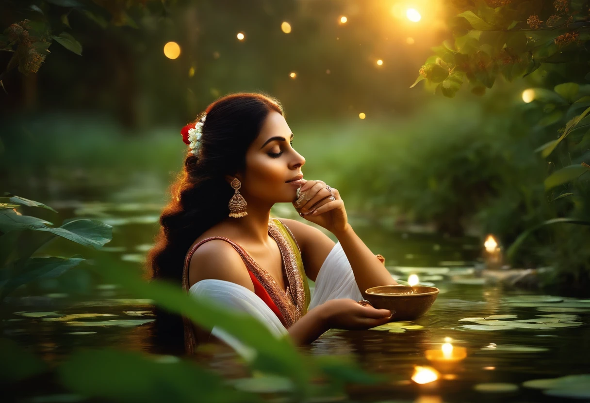 Amidst a verdant oasis, an Indian lady sips herbal tea, her heart beats in harmony with the rhythmic flow of a tranquil stream running through the garden, fireflies illuminate the twilight, casting a magical, ethereal glow, capturing a moment of profound connection between nature and soul, Digital artwork with a soft focus effect, --ar 9:16 --v 5