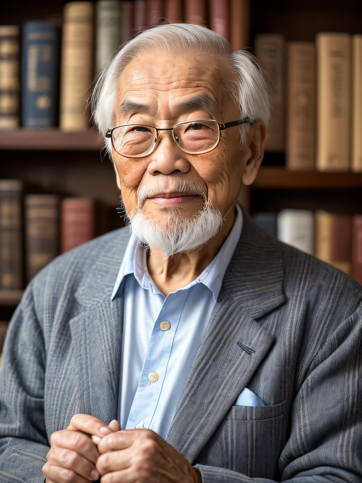 Hyper-Resolution, Ultra photo realsisim, cinema shot, Vignette, Portrait of an 80-year-old Asian man,Look at the viewer,An elderly Asian man,Books in hand,Spiritual old man,Single image,Thin and thin, Old blue eyes, Short white hair, Bookshelf background,White Viking beard, Narrow face,dark-skin, Wide shoulders, Weathered by sunlight and water, Gold pattern royal twin peaks, The Royal Chambers camera is focused on the eye, High focal length, Bust photo,Faraway view,Digital SLR, Dark Studio, rim lit, twotonelighting, Dimly lit, low tune, Backlight,