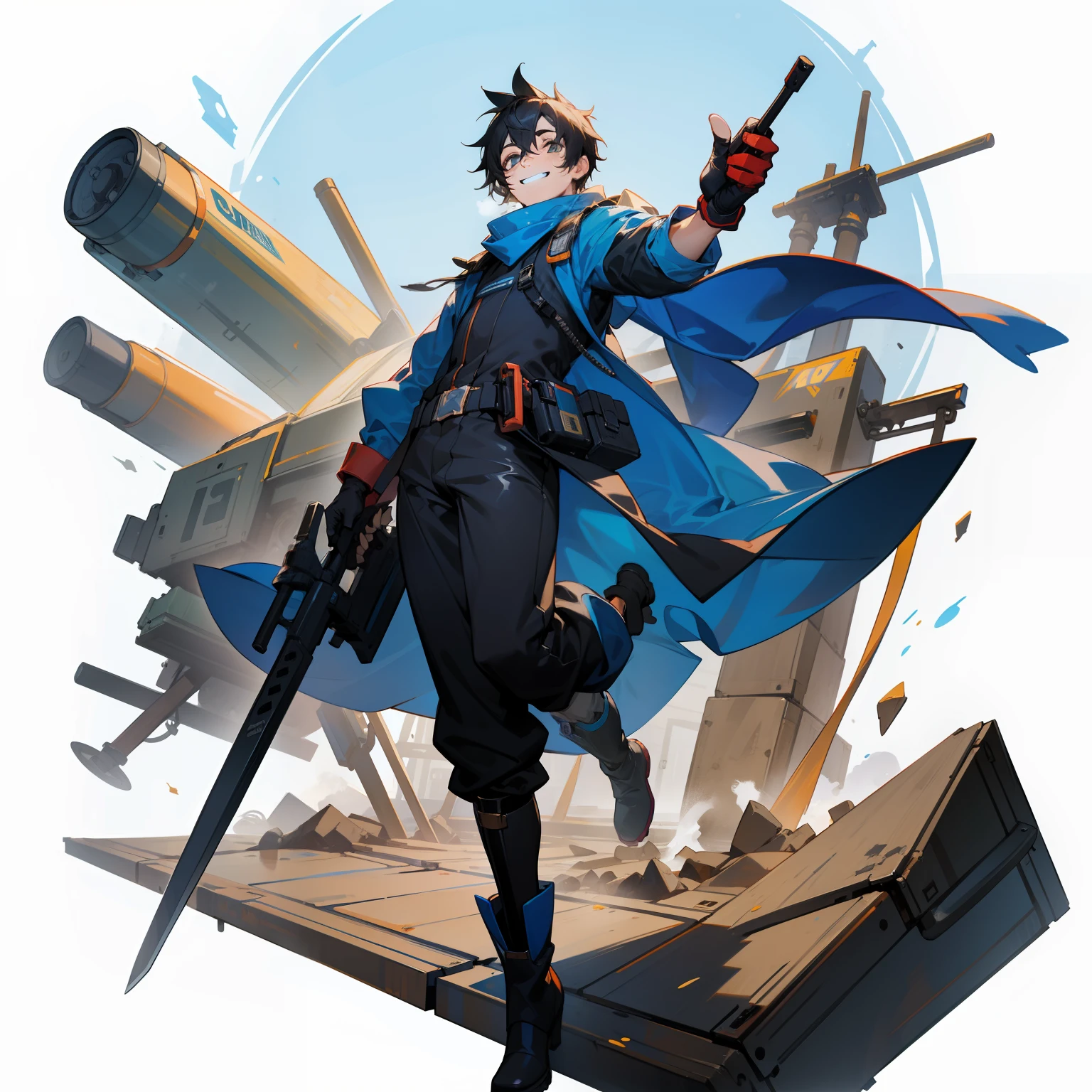 Cool guy in the workers、Full-body image、male people、without background、Plain background、The clothes are dirty、Dynamic、Grinning、long boots、The face is stained with machine oil、wearing goggles、Holding the tool in your hands