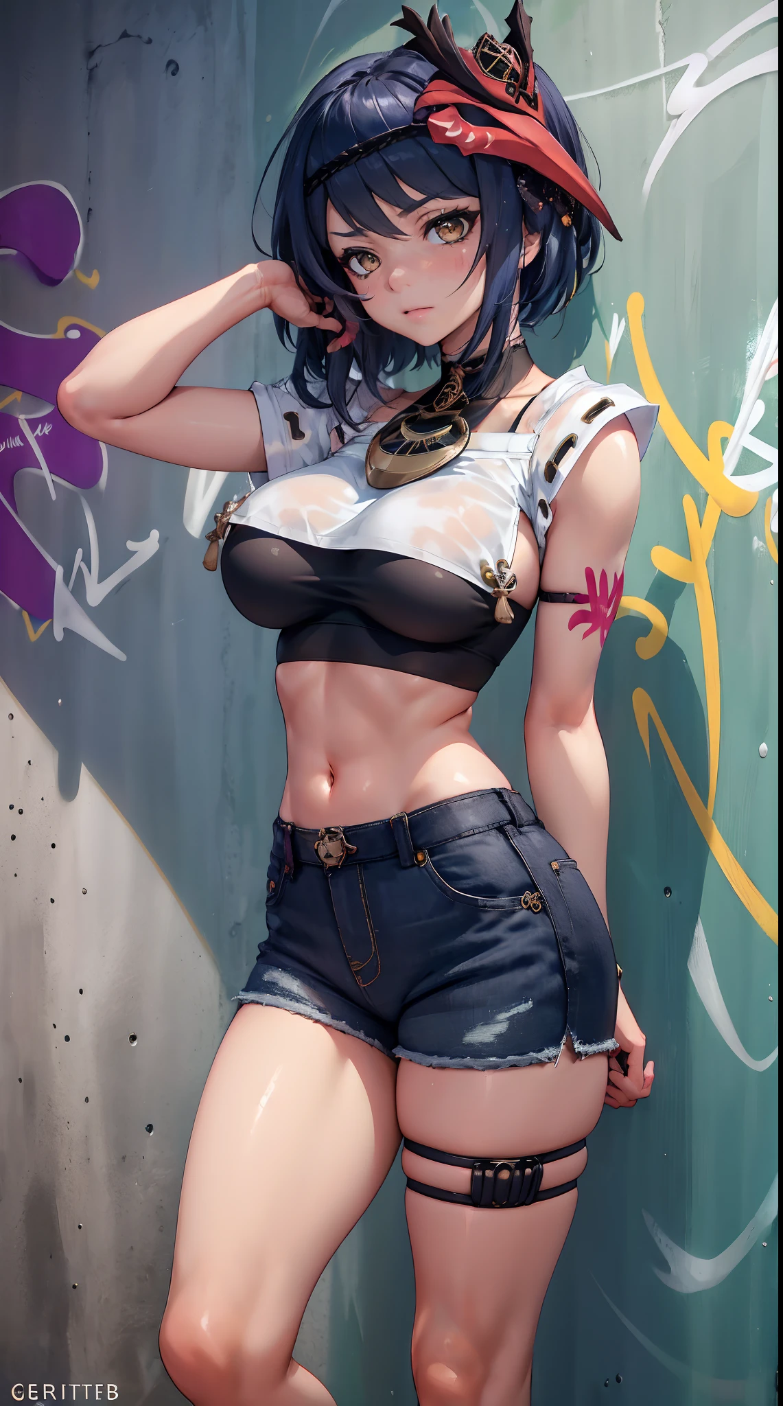 Kujou Sara Genshin Effect, masterpiece, bestquality, 1girls, oversized breasts, bara, crop top, shorts jeans, choker, (Graffiti:1.5), Splash with purple lightning pattern., arm behind back, against wall, View viewers from the front., Thigh strap, Head tilt, bored, water eyes,
