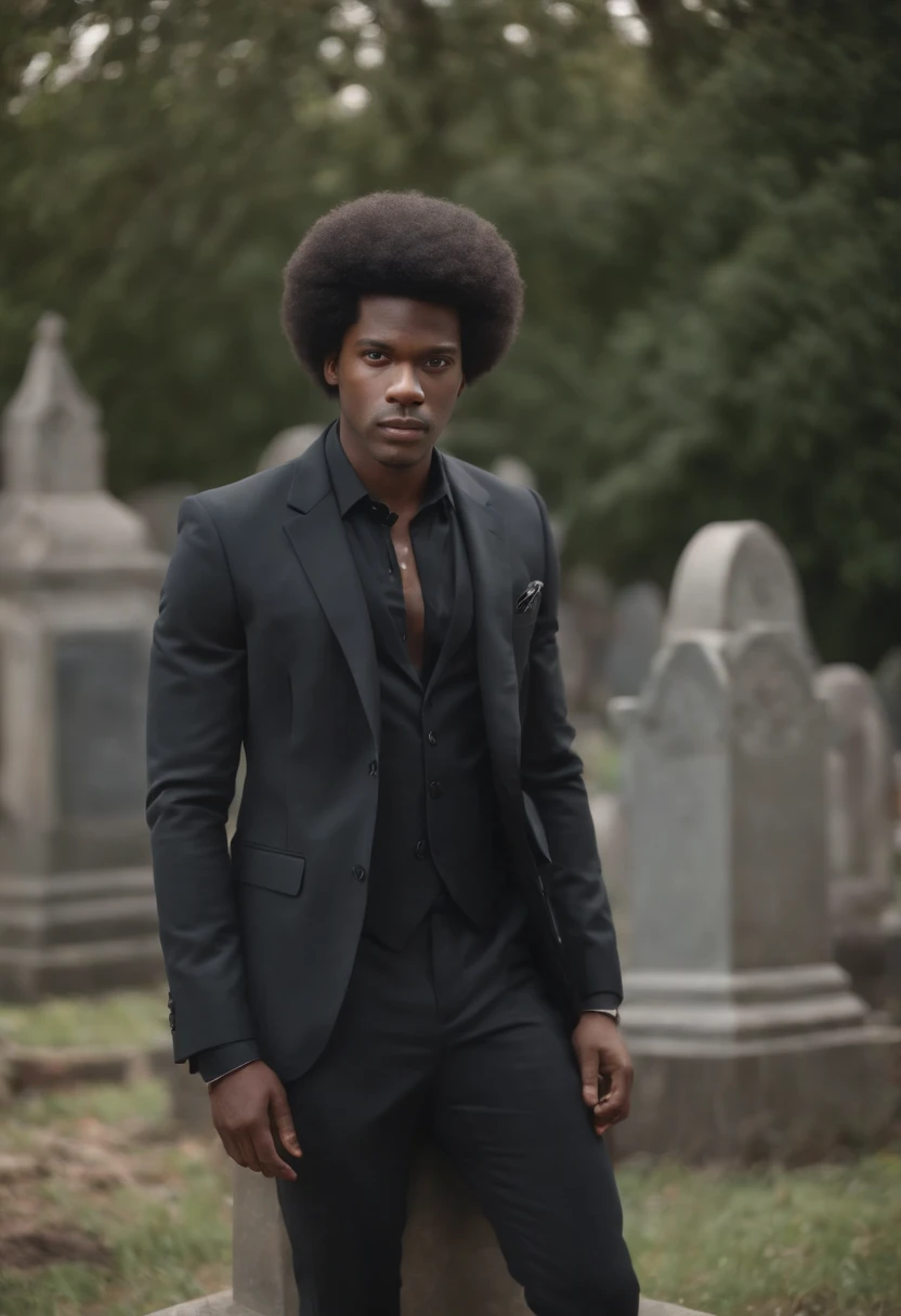 black man, black man with afro, black man on grave yard, black man in suit, light tinted skin, lots of hair, afro hair style, lots of hair on head,