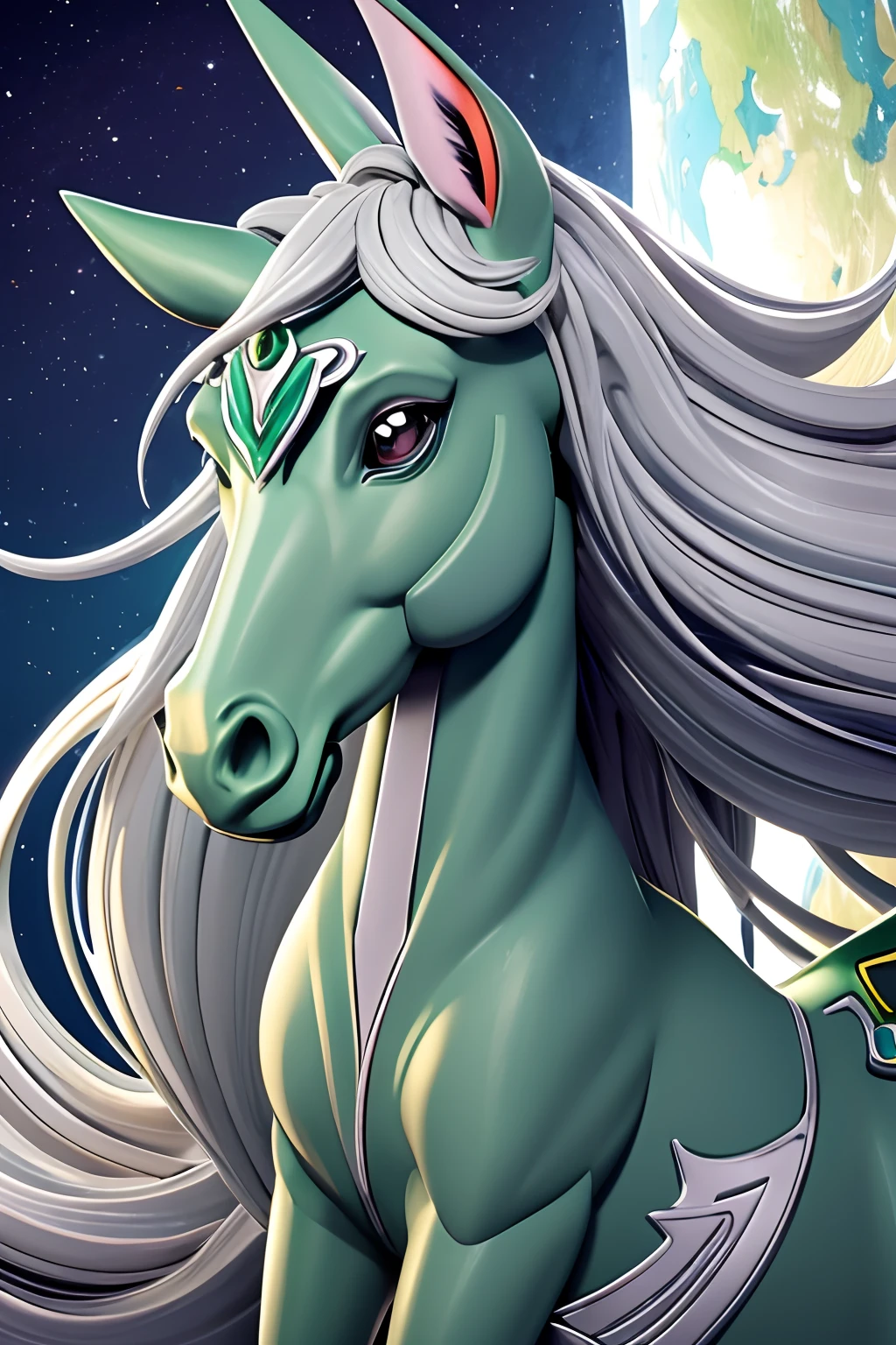 um close up de um cavalo de desenho animado(kuwami) com olhos verdes e uma capa, anthropomorphic mare, rabo de cavalo, ela tem olhos brancos!!!, Arte de Silverfox, Fanart MLP, olhos prateados de corpo inteiro, Yee Chong Silverfox, sorriso nefasto, Elokitty, cel sombreado!!!, Falvie, sem linha, arte oficial do personagem, arte conceitual oficial