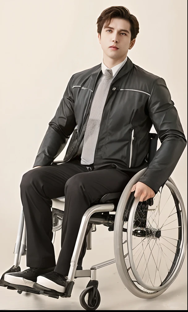 1man, a 25-year-old muscular man, formal suit, bodice, , masterpiece,paralyzed, uses a wheelchair  best quality, 8k ultra high definition, DSLR camera, Midjourney and greg rutkowski's  art, full body , bright