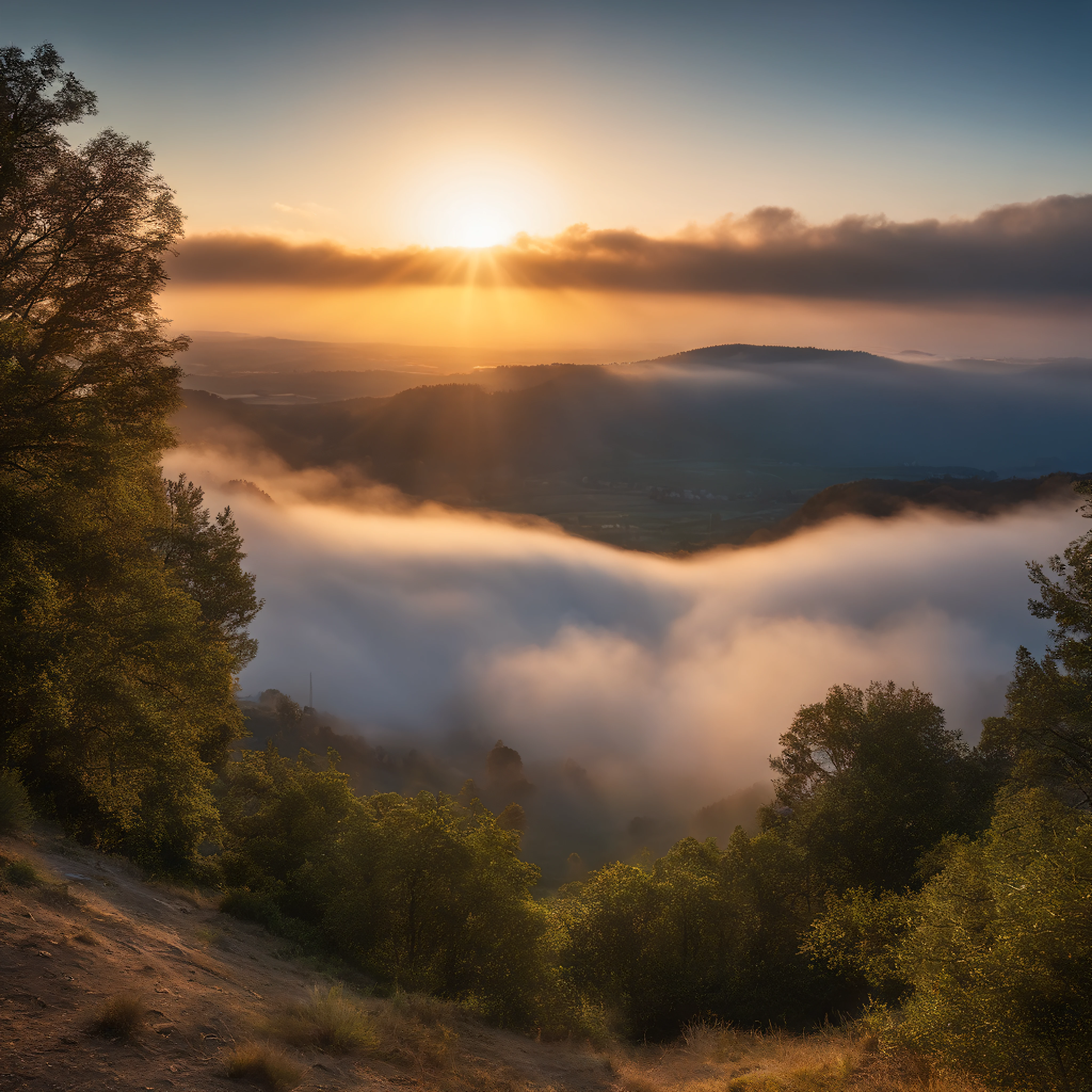 sunraise, suns, beam of light, hilltop, Cloud fog, UHD, retina, masterpiece, ccurate, super detail, high details, high quality, award winning, best quality, highres, 16k