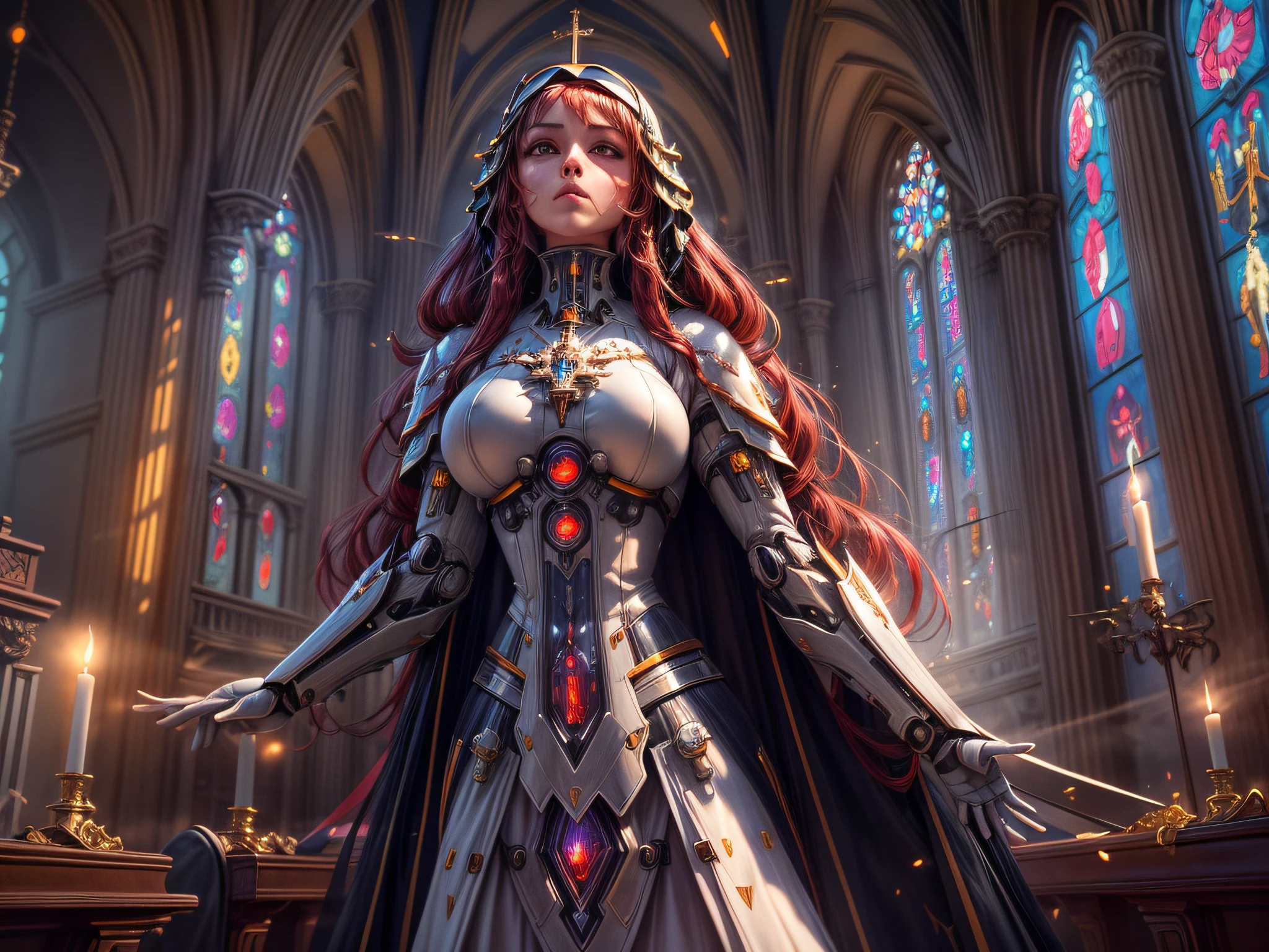 a picture of a mecha woman nun praying in church, full body, an exquisite beautiful (ultra detailed, Masterpiece, best quality) mecha woman nun, dynamic angle (best detailed, Masterpiece, best quality), best detailed face, ultra feminine, red hair, long hair, braided hair, dynamic eyes color,, (wearing mecha nun habit: 1.4), praying in a goth church, candles light, dim sun rays through church windows, divine rays  high details, fantasy art, RPG art best quality, 16k, [ultra detailed], masterpiece, best quality, (ultra detailed), full body, ultra wide shot, photorealistic, mecha musume