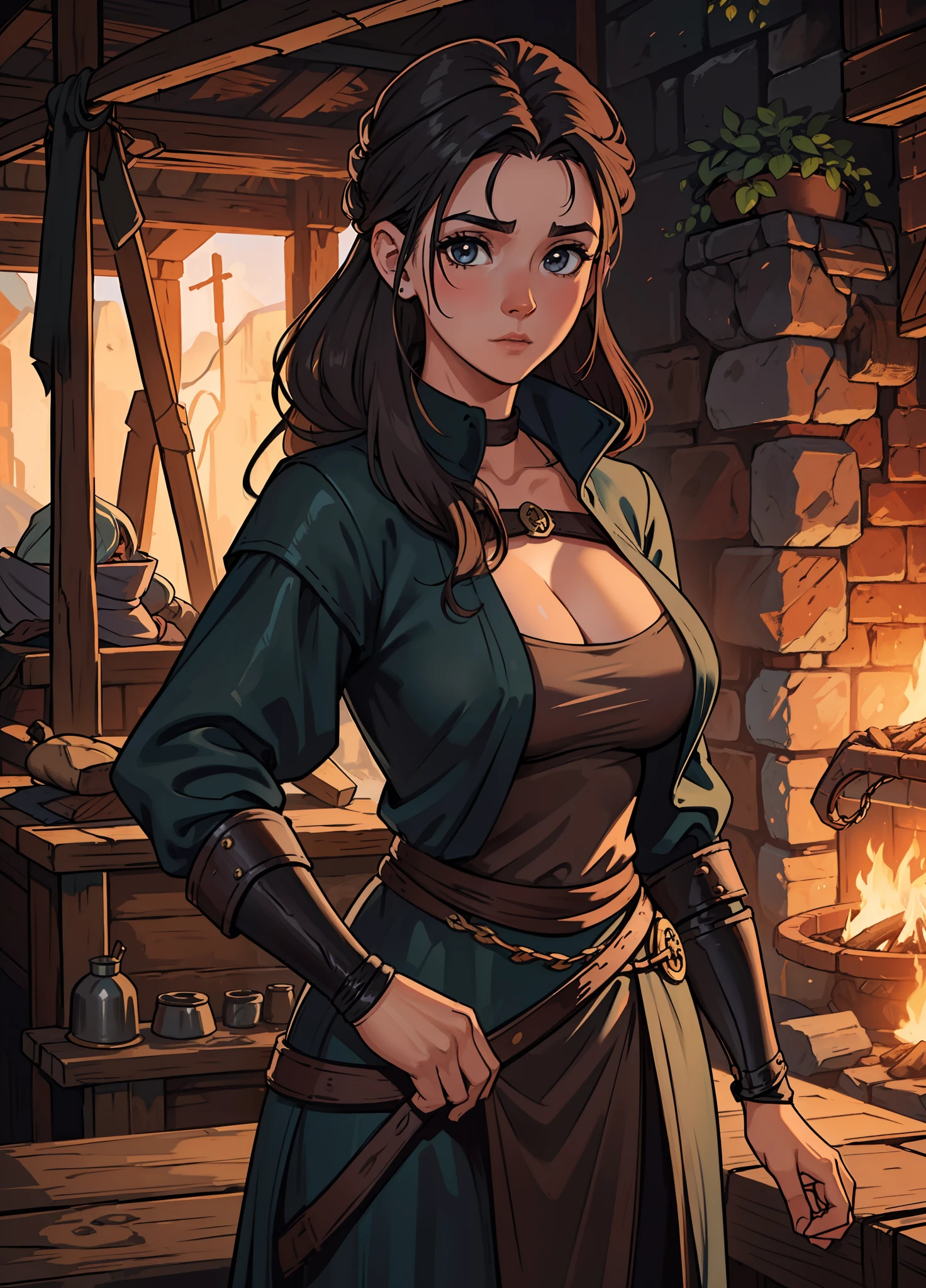 Um retrato de 1 mulher de cabelos castanhos, She's a sexy blacksmith in a forge with cleavage and boobs, usando trajes medievais em um RPG de arte medieval, uma arte de detalhes brutos; ((cabelos muito longos)) ((pelos marrons)) ((cabelos castanhos)) ((olhos verdes))