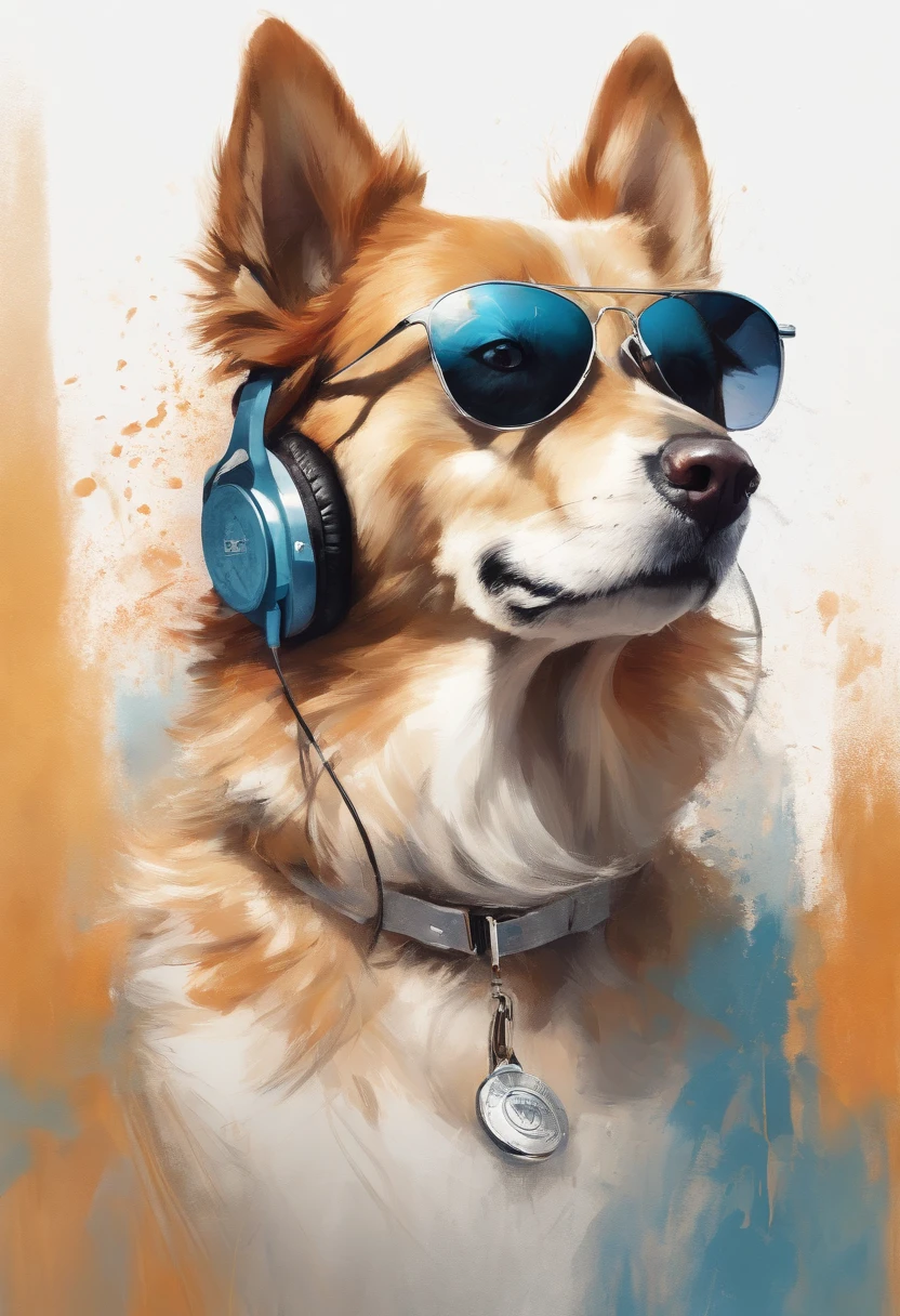 Perfect centering, Cute dog, Wear a student team jacket, Wearing sunglasses, Wearing headphones, cheerfulness, Standing position, Abstract beauty, Centered, Looking at the camera, Facing the camera, nearing perfection, Dynamic, Highly detailed, smooth, Sharp focus, 8K, high definition resolution, illustration, Art by Carne Griffiths and Wadim Kashin, White background