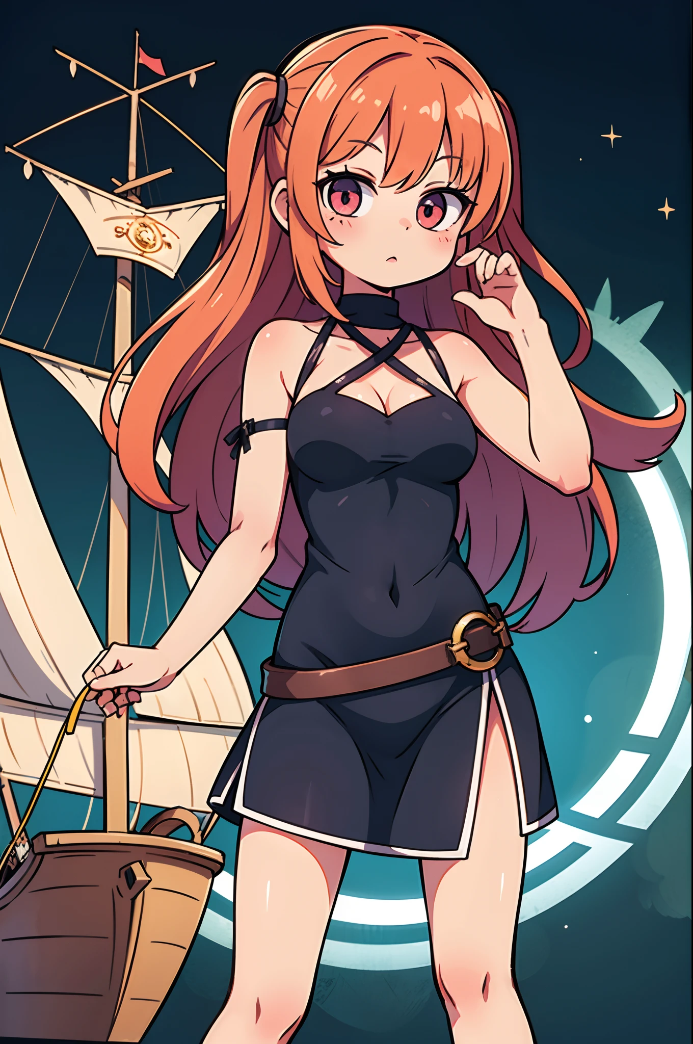 Woman with weapon coming out of body、kawaii、A magic circle appeared above my head and at my feet.、ship deck