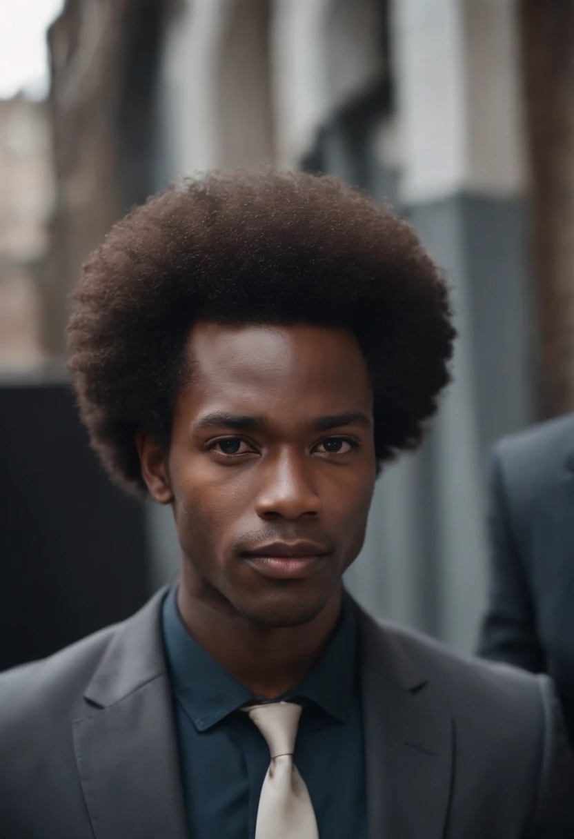 black man, black man with afro, black man on dump, black man in suit, light tinted skin, lots of hair, afro hair style, lots of hair on head,