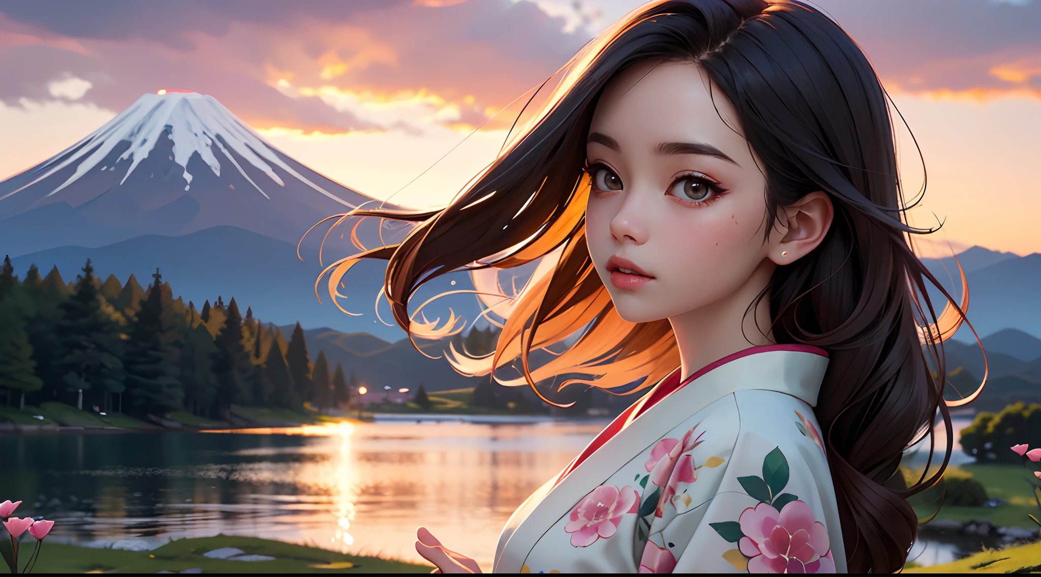 best quality, masterpiece, extremely detailed, detailed background, anime, 1girl, young girl, short girl, kimono, retro, mount fuji lansdscape, outdoors, sunset, beautiful sky, lake picnic, landscape, scenery, horizon, mountain sitting near mountain, wind, flower petal, looking away, atmospheric lighting, solo focus, close up, from side, depth of field, bokeh