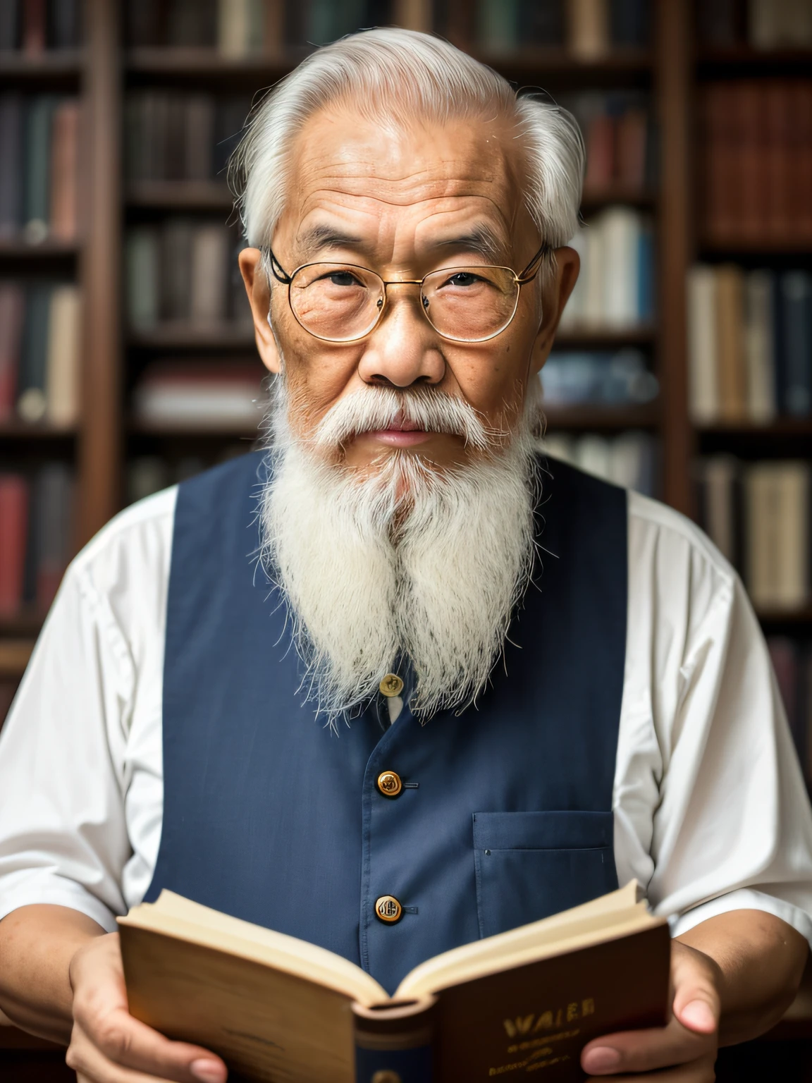Hyper-Resolution, Ultra photo realsisim, cinema shot, Vignette, Portrait of an 80-year-old Asian man，Look at the viewer，An elderly Asian man，Books in hand,Spiritual elderly,Single image，Thin and thin, Old blue eyes, Short white hair, Bookshelf background，White Viking beard, Narrow face，dark-skin, Wide shoulders, Weathered by sunlight and water, Gold pattern royal twin peaks, The Royal Chambers camera is focused on the eye, High focal length, Bust photo，Faraway view，Digital SLR, Dark Studio, rim lit, twotonelighting, Dimly lit, low tune, Backlight,