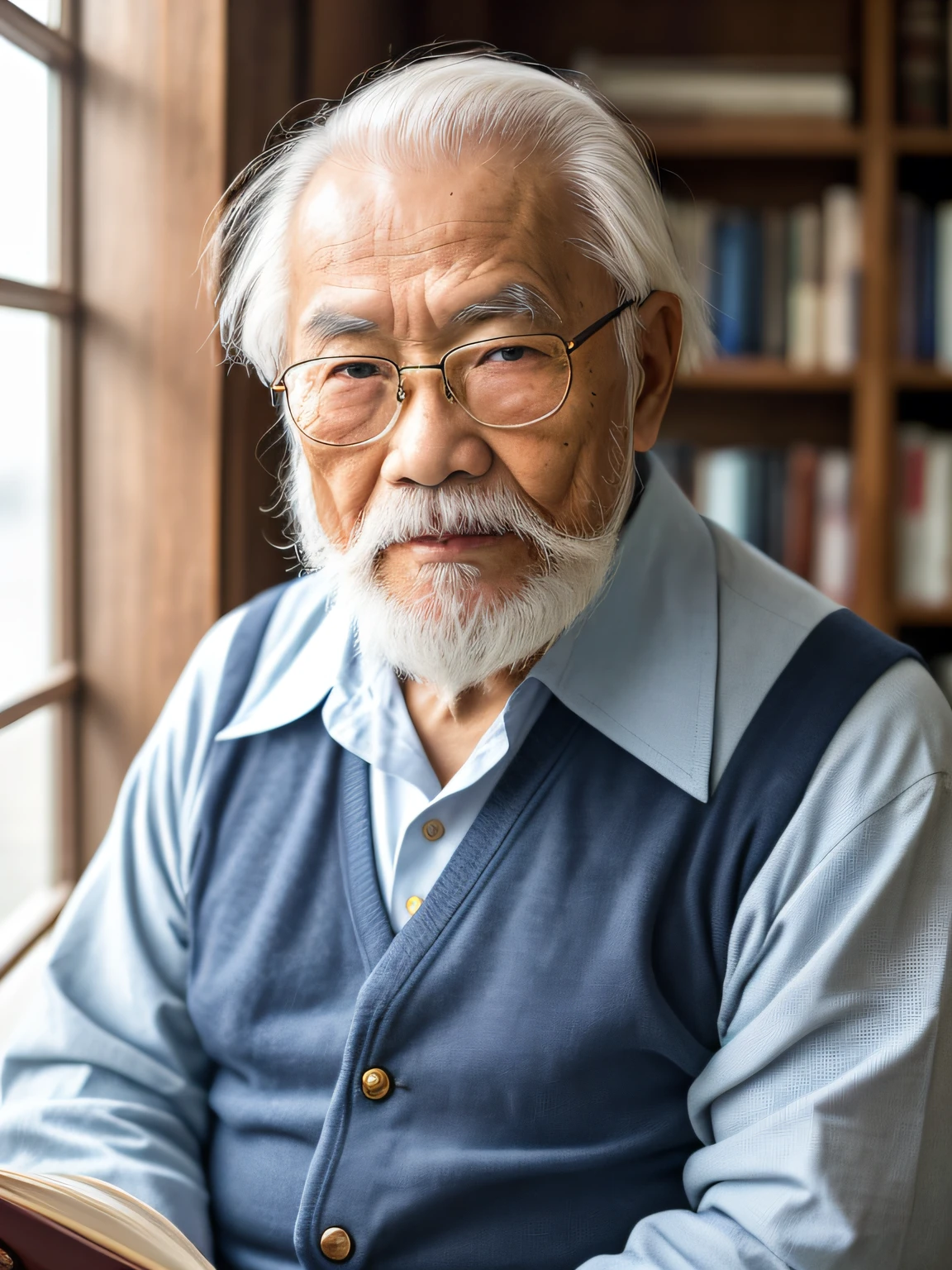 Hyper-Resolution, Ultra photo realsisim, cinema shot, Vignette, Portrait of an 80-year-old Asian man,Look at the viewer,An elderly Asian man,Books in hand,Spiritual elderly,Single image,Thin and thin, Old blue eyes, Short white hair, Bookshelf background,White Viking beard, Narrow face,dark-skin, Wide shoulders, Weathered by sunlight and water, Gold pattern royal twin peaks, The Royal Chambers camera is focused on the eye, High focal length, Bust photo,Faraway view,Digital SLR, Dark Studio, rim lit, twotonelighting, Dimly lit, low tune, Backlight,