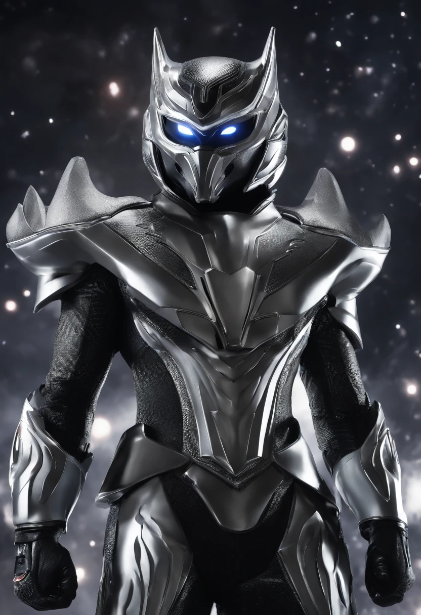 Transformation Hero,Wolf motif,Image colors black and silver,Sentai Hero,Kamen Rider,Biological suit,Muscular decoration,Silver-haired decoration,Hero Suit,An 18-year-old man,The symbol is a shadow,Glittering galaxy on space background,Delicately drawn live-action wallpaper