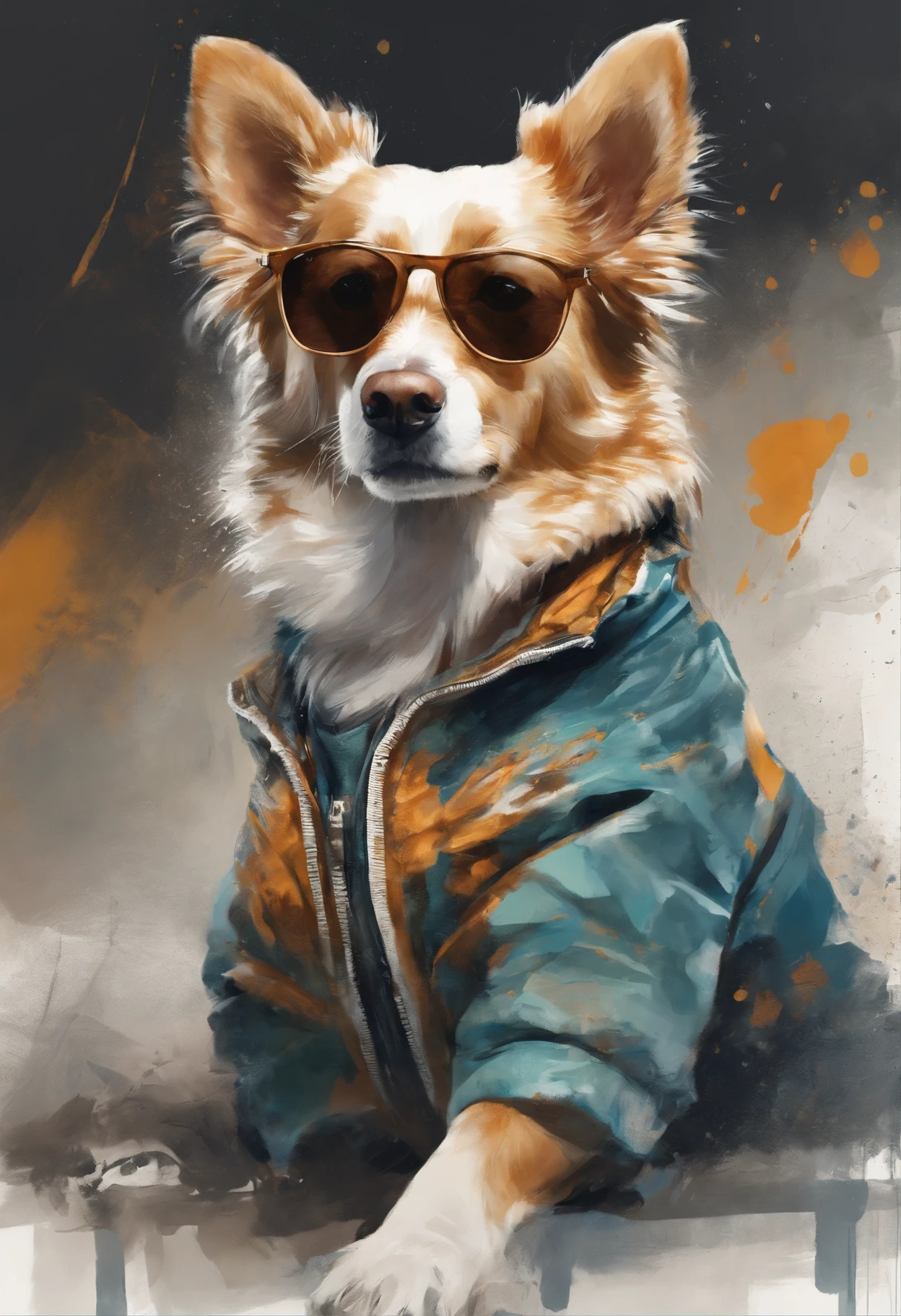 Perfect centering, Cute dog, Wear a student team jacket, Wearing sunglasses, Wearing headphones, cheerfulness, Standing position, Abstract beauty, Centered, Looking at the camera, Facing the camera, nearing perfection, Dynamic, Highly detailed, smooth, Sharp focus, 8K, high definition resolution, illustration, Art by Carne Griffiths and Wadim Kashin, White background
