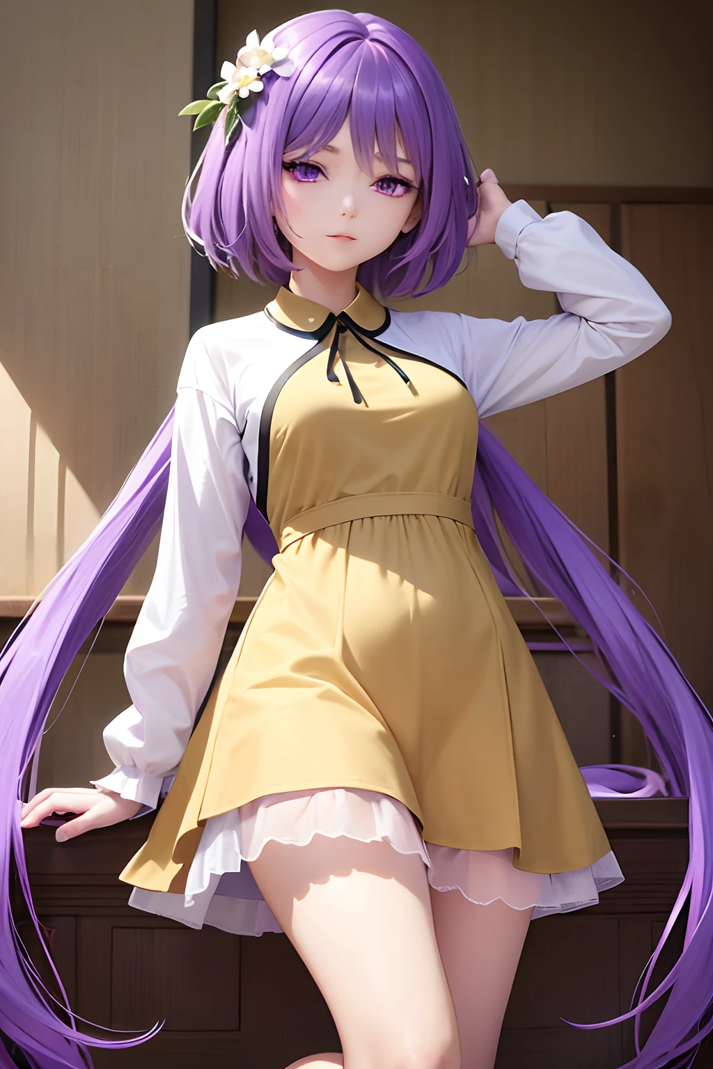 ​masterpiece, top-quality, 1girl in,Ninety-nine dialects々, Blue-purple hair、short-hair、Twin-tailed、a purple eye、White flower hair ornament、Light tan dress、White long-sleeved shirt、lute、A sexy