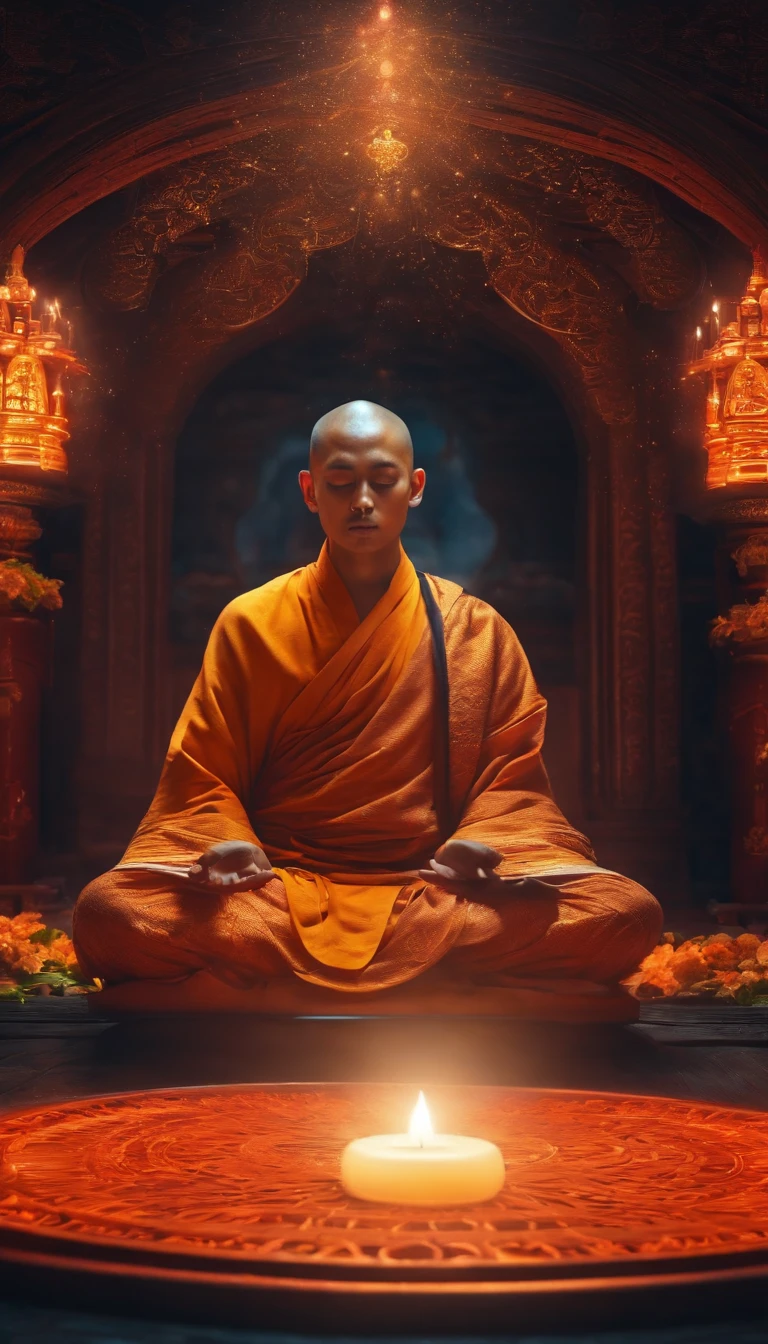 An Asian monk，Look ahead，Meditate cross-legged, at centre，Very bright colors, Light particles, with light glowing, Mshiv, wallpaper art, UHD wallpaper