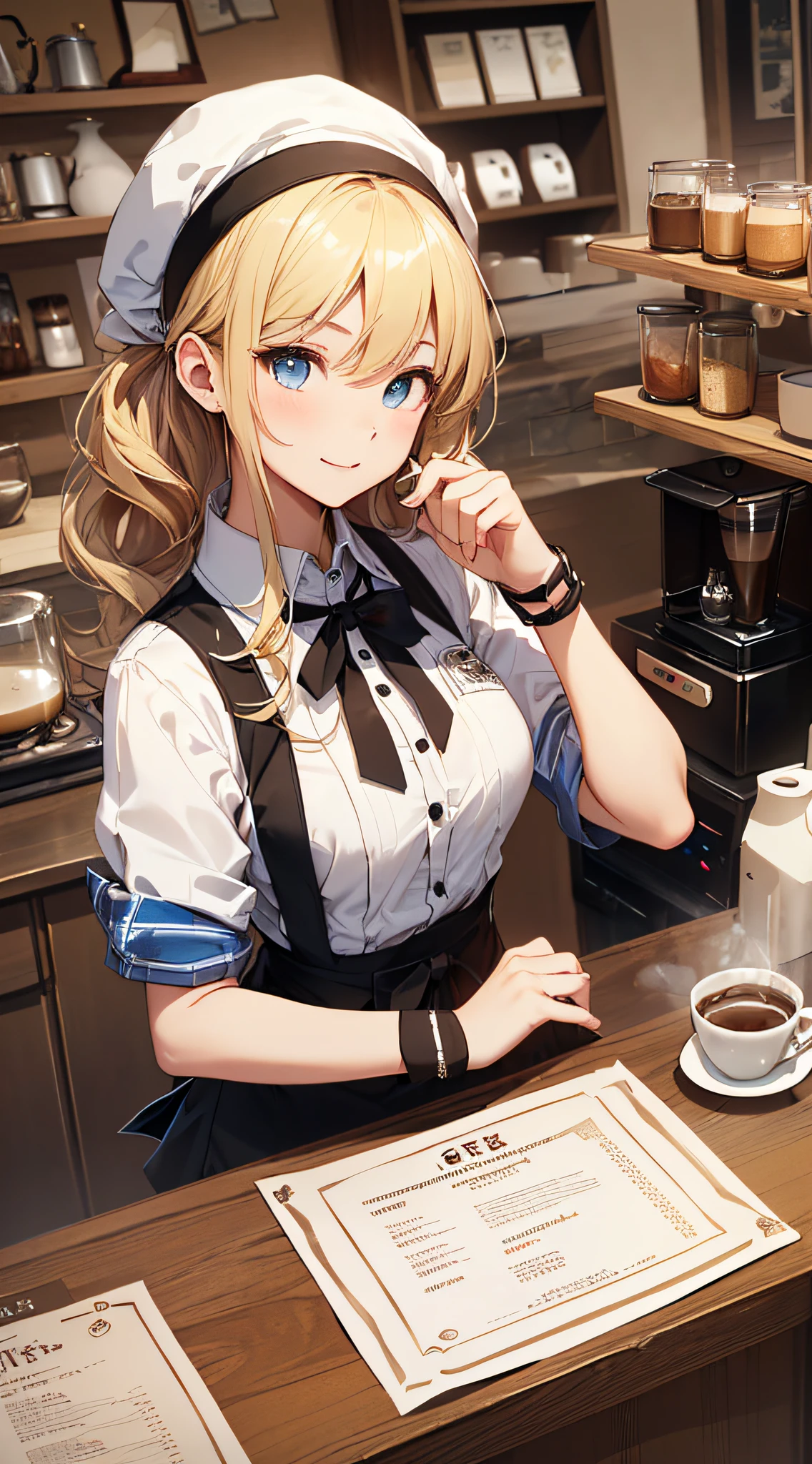 top-quality、Top image quality、masterpiece、girl with((18year old、waitress costume(1:2)、Best Bust、Bust 85、a blond、Longhaire、Blue eyes、open chest wide、Valley、Happiness、Black wristband on wrist、A slender、耳Nipple Ring、The wind blows,Have a menu、close to viewer))hiquality、visualart、Background with((tea shop、Counter seats、Coffee maker))、The table(menu、Coffee Cup、Toast on a plate),masutepiece、