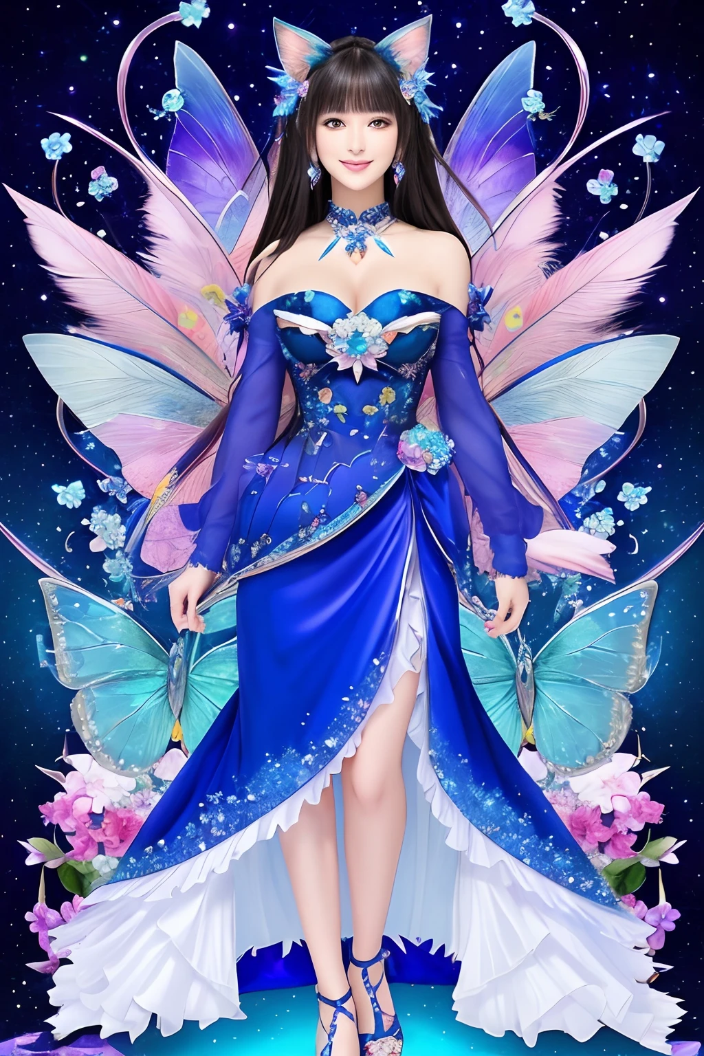 Sapphire masterpiece. 🦋 manga illustration. Beautiful cat Milady with colorful bouquet. I love you master, Scene, Target Viewer, Cute smile, feather hair. Full body. 🦋 Lapis lazuli kaleidoscope puzzle pattern on glass background - glass background. Vivid iridescent colors. Flashing and missed details. I can't believe how beautiful this is.