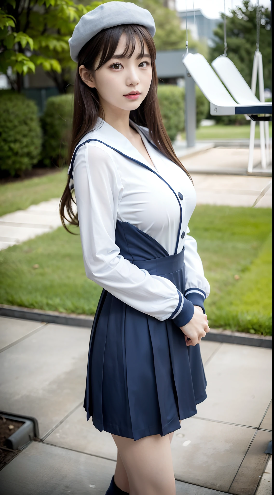 mix4, (16 K, Raw photography, Top image quality, masterpiece: 1.45), (realisitic, Photorealsitic: 1.37), one girls, 7.5, etc、Random hairstyle、Standing figure,Noon time slot、a very cute,a park,, profetional lighting, photon maping、physically-based renderingt, Gradient dark brown hair,, a handsome, Well-groomed and beautiful eyes、Large double eyelids、Very shiny、girl with, (((White long sleeve sailor suit worn by Japan high school girl、Dark blue collar、Dark blue mini skirt, Small gray beret、Dark blue knee-high socks、Black loafers))), Top Quality Photos, hight resolution, 1080p, (clearface), (Detailed face description), (Detailed hand description), (masterpiece), (Exquisite CG)、extreme light and shadows、dishevled hair、master work、abundant detail、(Fine facial features)、(top quality photo)、(masuter piece)、(A detailed eye)、Look in front of you、Fine clavicle、((Slender big))、(((Japan schoolgirl in long-sleeved sailor suit:0.7)))、((Ready Idol System))、((a park、Slide、The fountain、swing、seesaw))、(Shooting from random perspectives)、(((neat and cute)))、耳Nipple Ring、A big smile、Drawing the whole body from the knees、Do not draw nasolabial folds、(((Long-sleeved sailor suit)))、(Big breasts that hang down big:1.2)、Big buttocks with tension、Two arms and two legs、(((from the front side:0.5)))、bare hand、No mask、