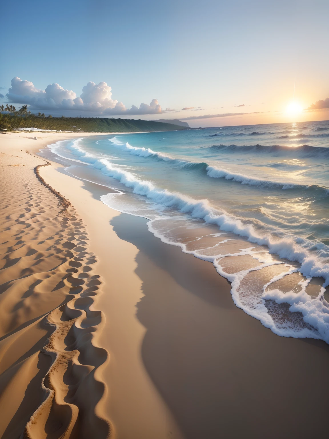 Landscapes、Drama、Photoquality、Beaches in Hawaii、White sandy beach、coconut palms、Ground view、The sun rises in the center、(Photorealsitic:1.4)、(top-quality:1.0)、(超A high resolution:1.0)