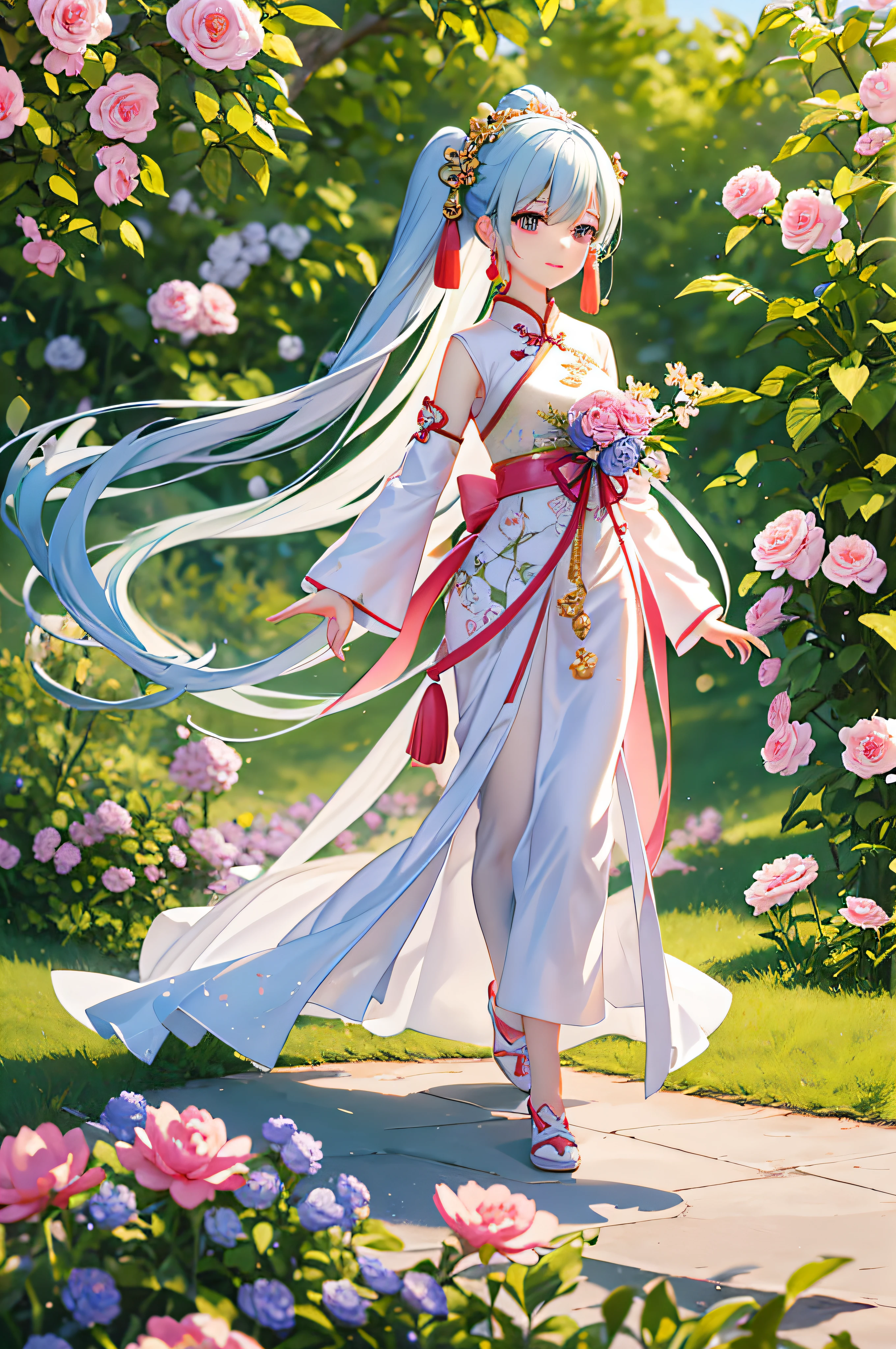 In a gorgeous ancient palace，There is a young lady wearing a gorgeous Chinese dress。Her noble and dignified face reveals a distinctive temperament。She stood gracefully in an empty garden，A gentle smile filled her rosy lips。

Her clothes are made of delicate satin，Colorful and full of life。Long sleeves flowing，Just right to expose her fair wrist。She gently clasped her hands together，As if paying homage to all things in heaven and earth，Showing a gesture of devotion and calm。

Sunlight pours through the gaps in the leaves，Illuminated her long black hair。Every strand of hair looks exceptionally shiny，And dance gently in the breeze。Her eyes were bright and crystalline，Like two shining stars，It reveals a kind of intelligence and agility。

The surrounding flowers and plants also seemed to open up for her，The most beautiful flowers bloomed。Red roses、Purple lavender、Pink peony，They bloomed around her，It creates a dreamlike scene。A gentle breeze blows，The petals flutter gently，Accompanied by the movement of the little sister clasping her hands together，It seems to transmit soft and peaceful energy to heaven and earth。

In this instant，Time seems to freeze，The whole world is quiet and serene。The young lady's hands folded is not only a ritual，It is also an expression of inner peace and goodwill。It brings people a sense of peace and harmony，Let everyone who meets her feel endless peace and beauty。