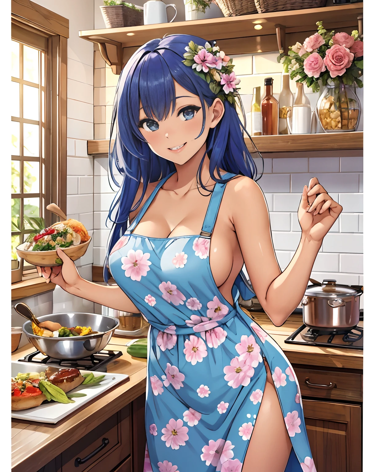 (Best Quality, Masterpiece), Front cover of a women's cooking magazine, , naked, erotic, 18+, nsfw, 1girl, 30 years old, stunning, cute, heartwarming smile, hourglass figure, wearing floral dress, pinny apron, beautiful food, text, diagrams, advertisements, magazine title, long blue hair