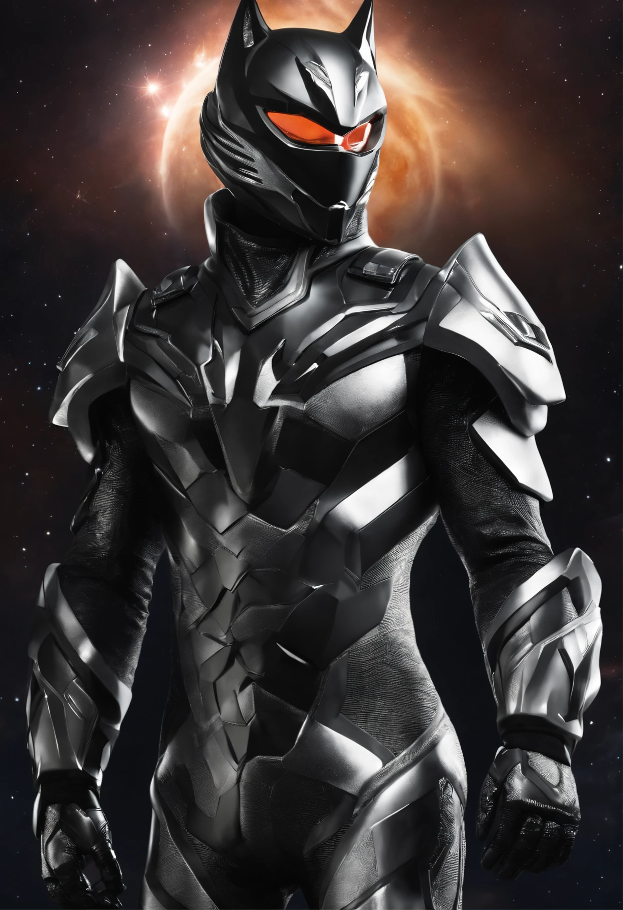 Transformation Hero,Wolf motif,Image Color:Black and silver,Sentai Hero,Kamen Rider,Biological suit,Muscular decoration,Silver-haired decoration,Hero Suit,An 18-year-old man,The symbol is a shadow,Glittering galaxy on space background,Delicately drawn live-action wallpaper