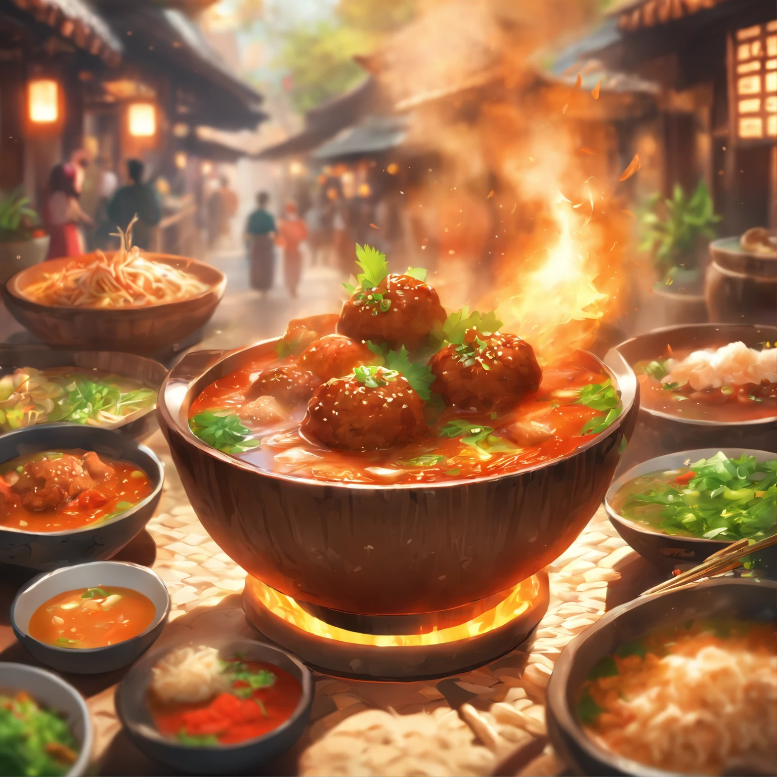 (best quality,4k,8k,highres,masterpiece:1.2),ultra-detailed,(realistic,photorealistic,photo-realistic:1.37),Indonesian meatball soup with savory beef balls, rich beef broth, aromatic spices,hot chili sauce, freshly chopped scallions, sprinkling of fried shallots, steamed rice on the side, traditional ceramic bowl, wooden spoon, beautiful garnish, cozy atmosphere, vibrant colors, traditional Indonesian food, local delicacy, appetizing aroma, mouth-watering texture, authentic flavors, traditional Indonesian spices, authentic street food, bustling Indonesian market, friendly street vendor, busy customers, steam rising from the bowl, satisfied smiles on people's faces, lively atmosphere, cultural heritage, Indonesian culinary experience, unforgettable taste sensation, local food culture, diverse culinary traditions, melting pot of flavors and cultures.