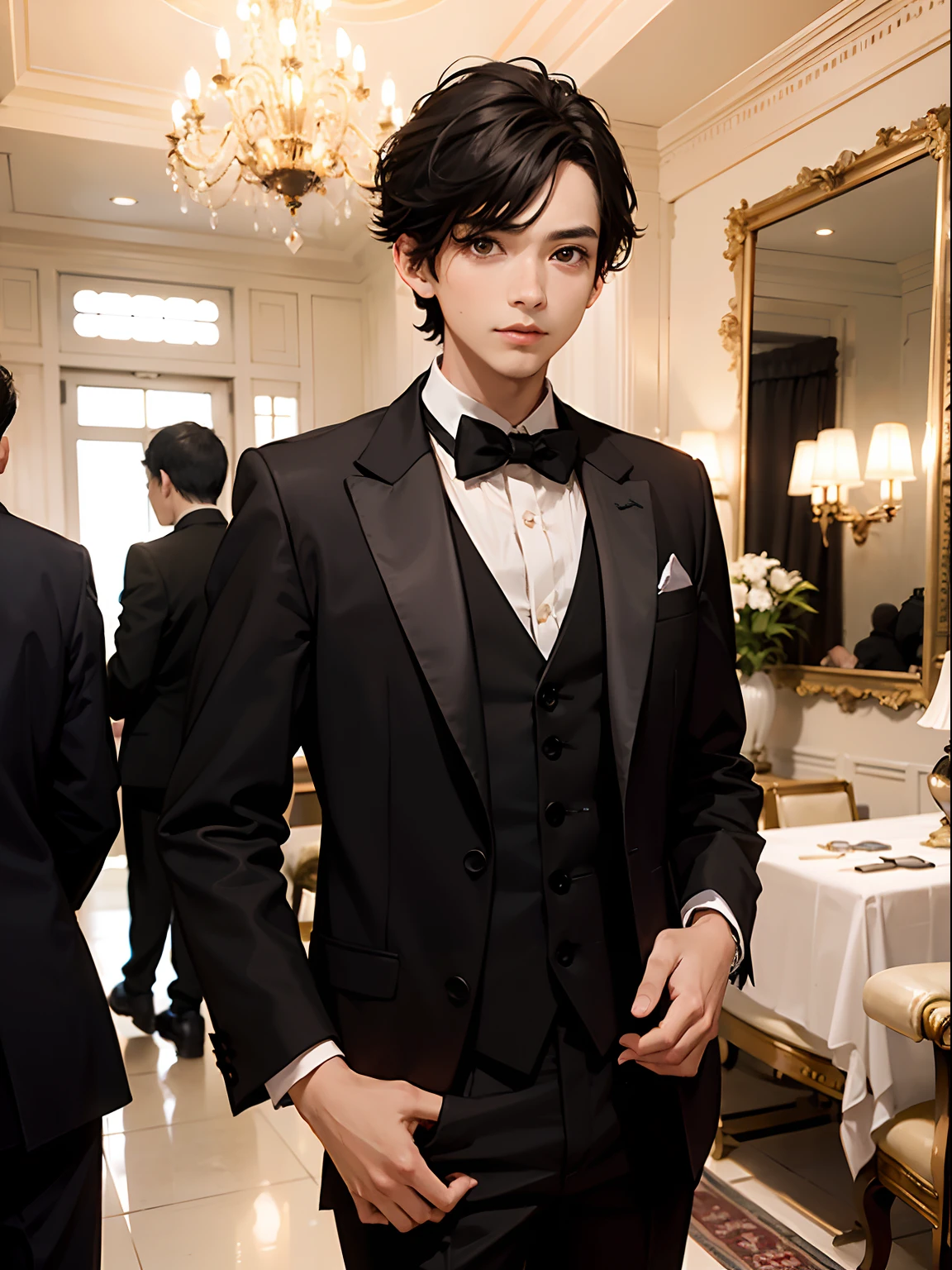 1boy,11 only、(Man's :2),(bobhair:1.5)、A dark-haired、Bright tuxedo、Inside a luxurious Western-style building、Luxurious chandeliers、beautiful lighting、hightquality、masutepiece,8K,hight resolution、