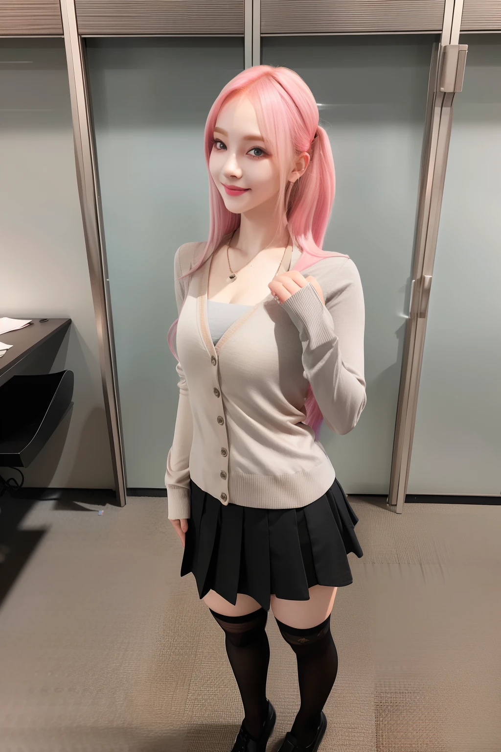 (RAW photo, best quality), (realistic, photo-realistic:1.3), masterpiece, an extremely delicate and beautiful, extremely detailed, CG, unity , 2k wallpaper, Amazing, finely detail, light smile, extremely detailed CG unity 8k wallpaper, huge filesize, ultra-detailed, highres, absurdres, soft light, (((medium hair:1.3), short bang, pink hair, floating hair novafrogstyle)), beautiful detailed girl, detailed fingers, extremely detailed eyes and face, beautiful detailed nose, beautiful detailed eyes, long eyelashes, light on face, looking at viewer, (closed mouth:1.2), 1girl, cute, young, mature face, (full body:1.3), ((small breasts)), realistic face, realistic body, beautiful detailed thigh, (ulzzang-6500-v1.1:0.8), business suit, cross-laced clothes, collared shirt, open clothes, in office, detailed office, open cardigan, black thighhighs, miniskirt, black underwear, unbuttoned shirt,