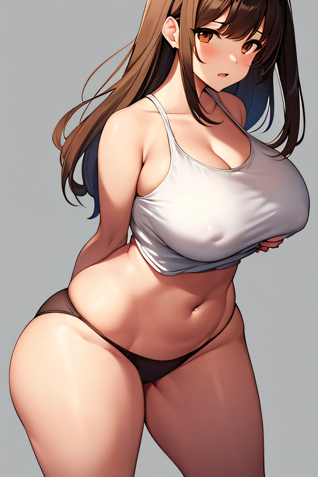 Man, white tanktop, brown shoulder length hair, brown eyes, gray background, breasts, wide hips, thick thighs, hand under own breast, moaning, panties, big ass, front view