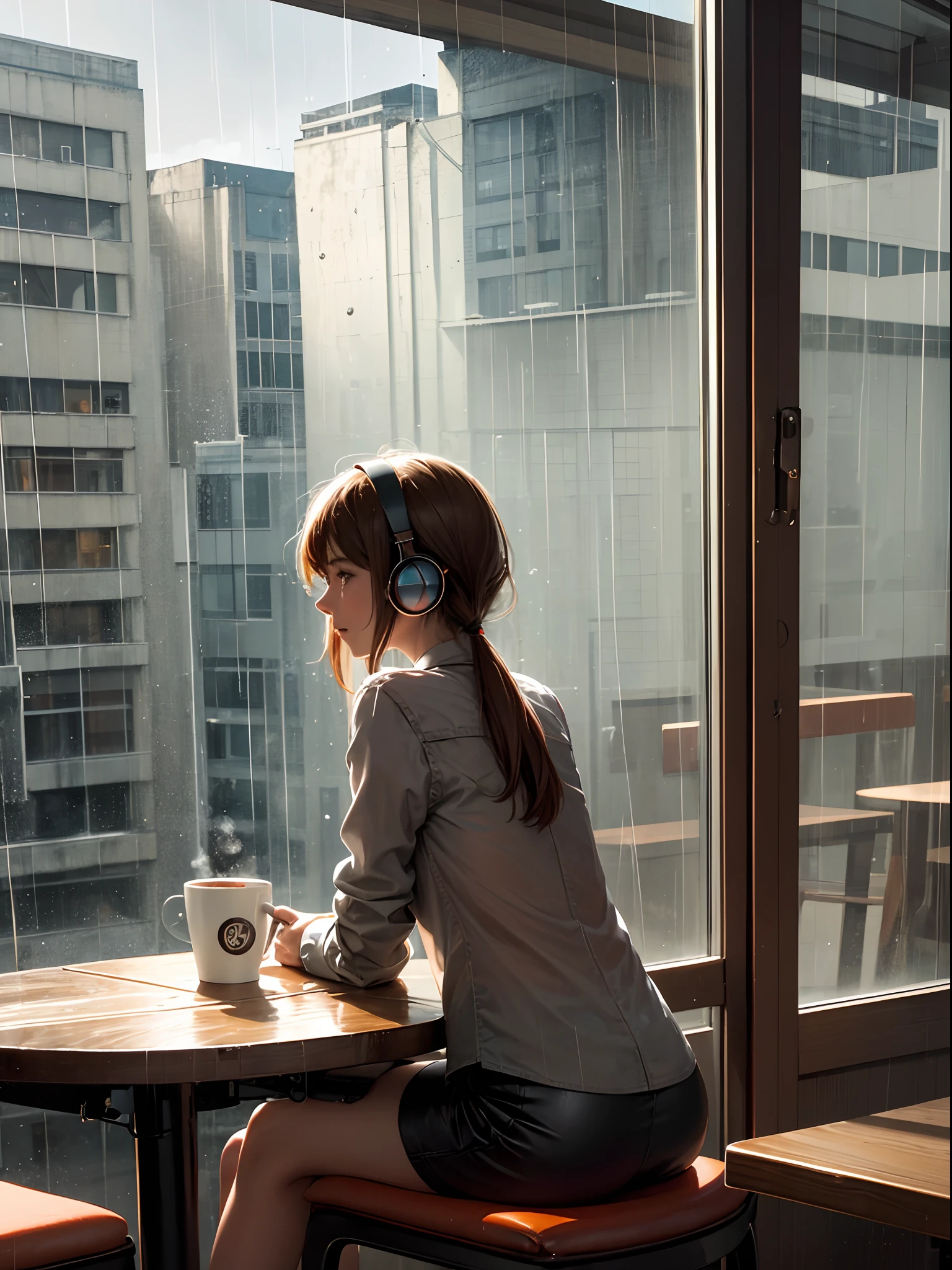 Rain dripping on window, table, ((warm coffee cup on table)), back view of a girl wearing a headphones