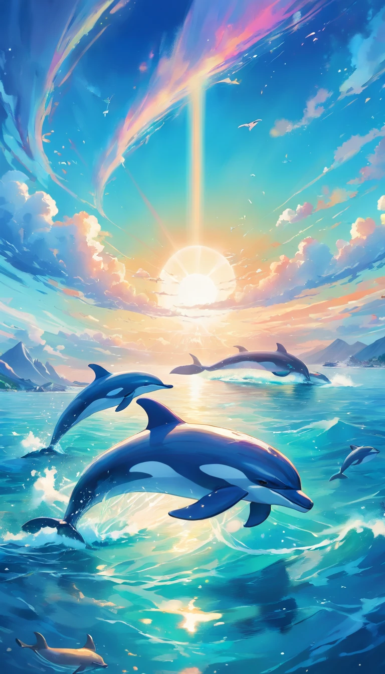 Painting of a flock of dolphins swimming in a colorful sea, Look up at the composition，sky whales, inspired by Cyril Rolando, dreamy psychedelic anime, colorful anime movie background, a beautiful artwork illustration, Authors：Sitao, colorful concept art, makoto shinkai cyril rolando, in style of cyril rolando, flying whales, High Definition Watercolor 8K, highly detailed watercolor 8 K，octane，Fine，Realistic，8K，Shinkai Makoto style( Reasonable design, Clear lines, High Sharpness,Best Quality, Very detailed, masutepiece, Movie Light Effects, 4K )