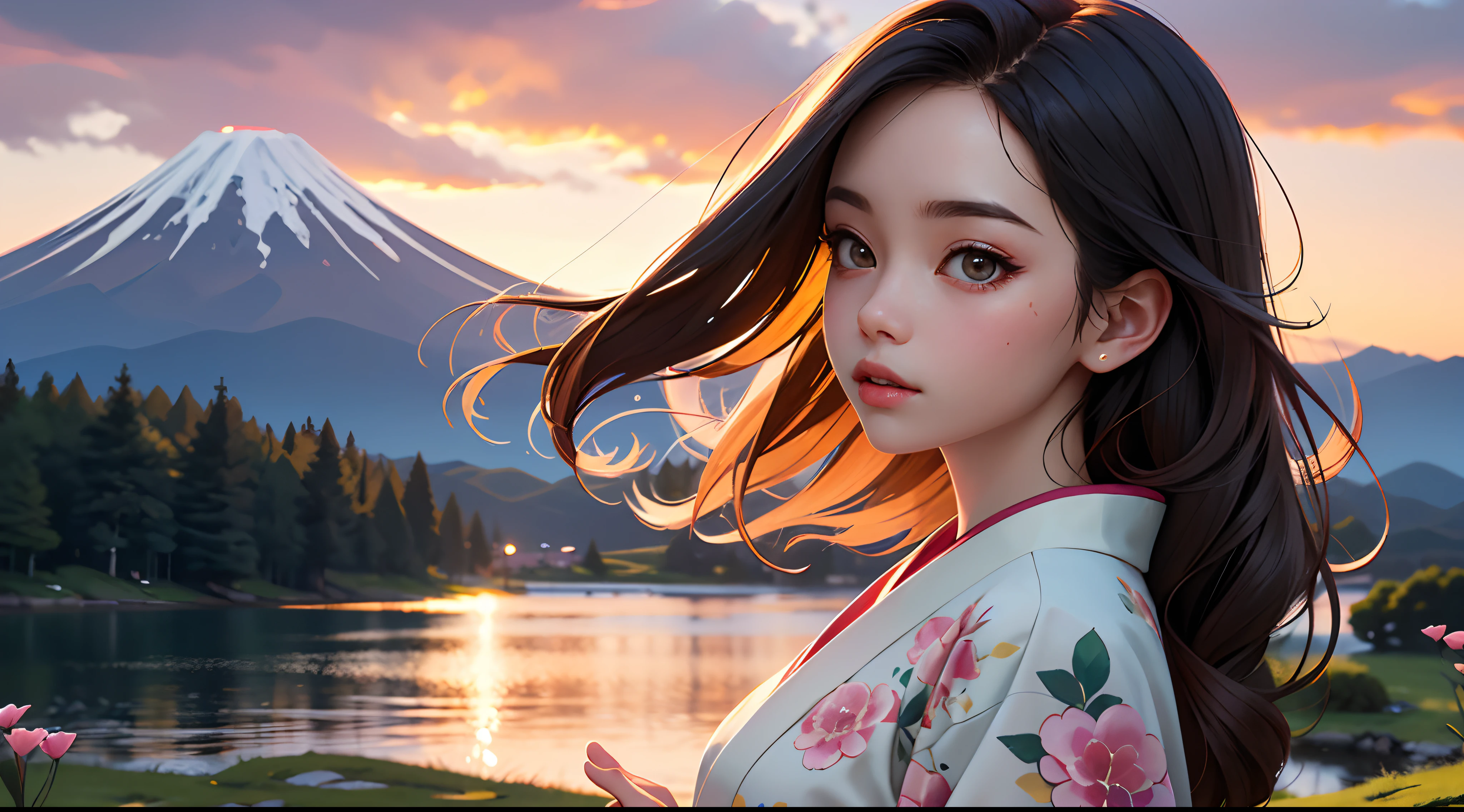 best quality, masterpiece, extremely detailed, detailed background, anime, 1girl, young girl, short girl, kimono, retro, mount fuji lansdscape, outdoors, sunset, beautiful sky, lake picnic, landscape, scenery, horizon, mountain sitting near mountain, wind, flower petal, looking away, atmospheric lighting, solo focus, close up, from side, depth of field, bokeh