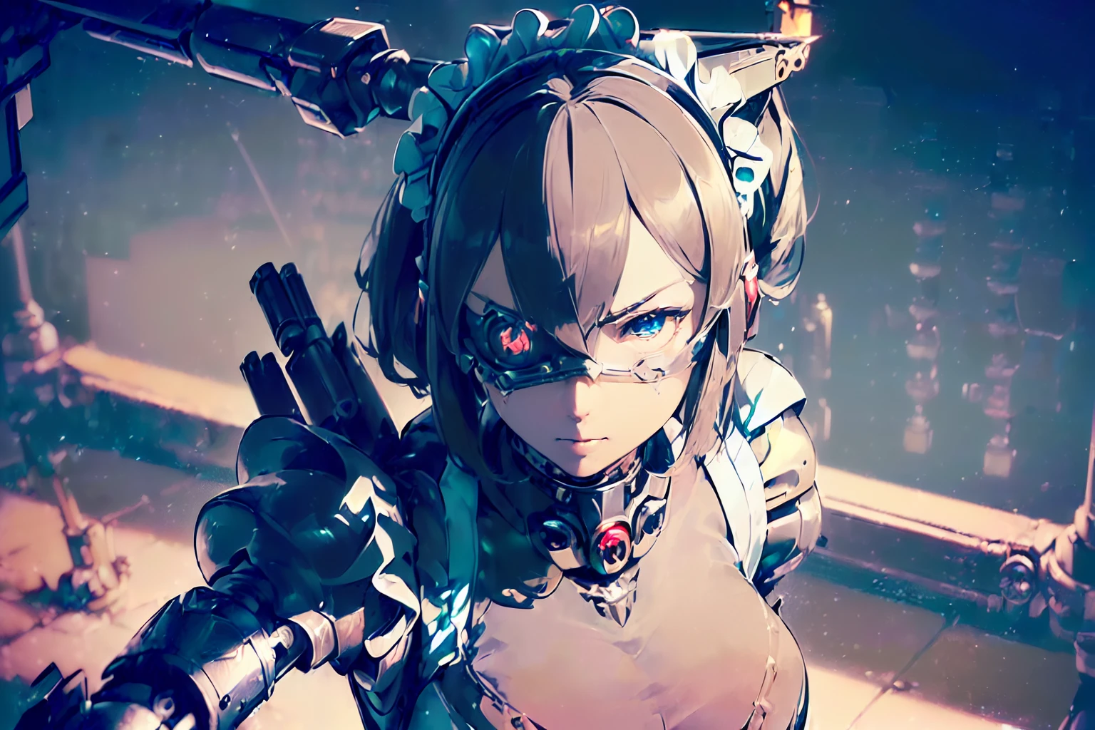 exudes realism, rich colors, (utterly cute wolf-type mecha:1.2), (headband-type-mecha:1.3), high heel type mecha, ((reflective protection, (((mechanical maid uniform mecha:1.3))), mechanical arm, sharp mechanical claws with glow, mecha fang, (eye patch of intricate detailed radar lens), (cinematic still with lighting:1.3), hand gun, hand blade, ((intricate details and unique style:1.2)). (meticulously detailed:1.1), detailing oil painting of fine illustration, high quality, crisp and sharp resolution. professional level of detail and precision. ((stunningly beautiful visual quality:1.2)). exquisite high-definition drawing, white, dark cyan red, ash gray, dark gray, white black, insane details, nature landscape background detail, (tachism:1.2), (precise delicate facial details:1.3), (((delicate detailed face:1.3))), ((perfect beauty face:1.2)), full body,
