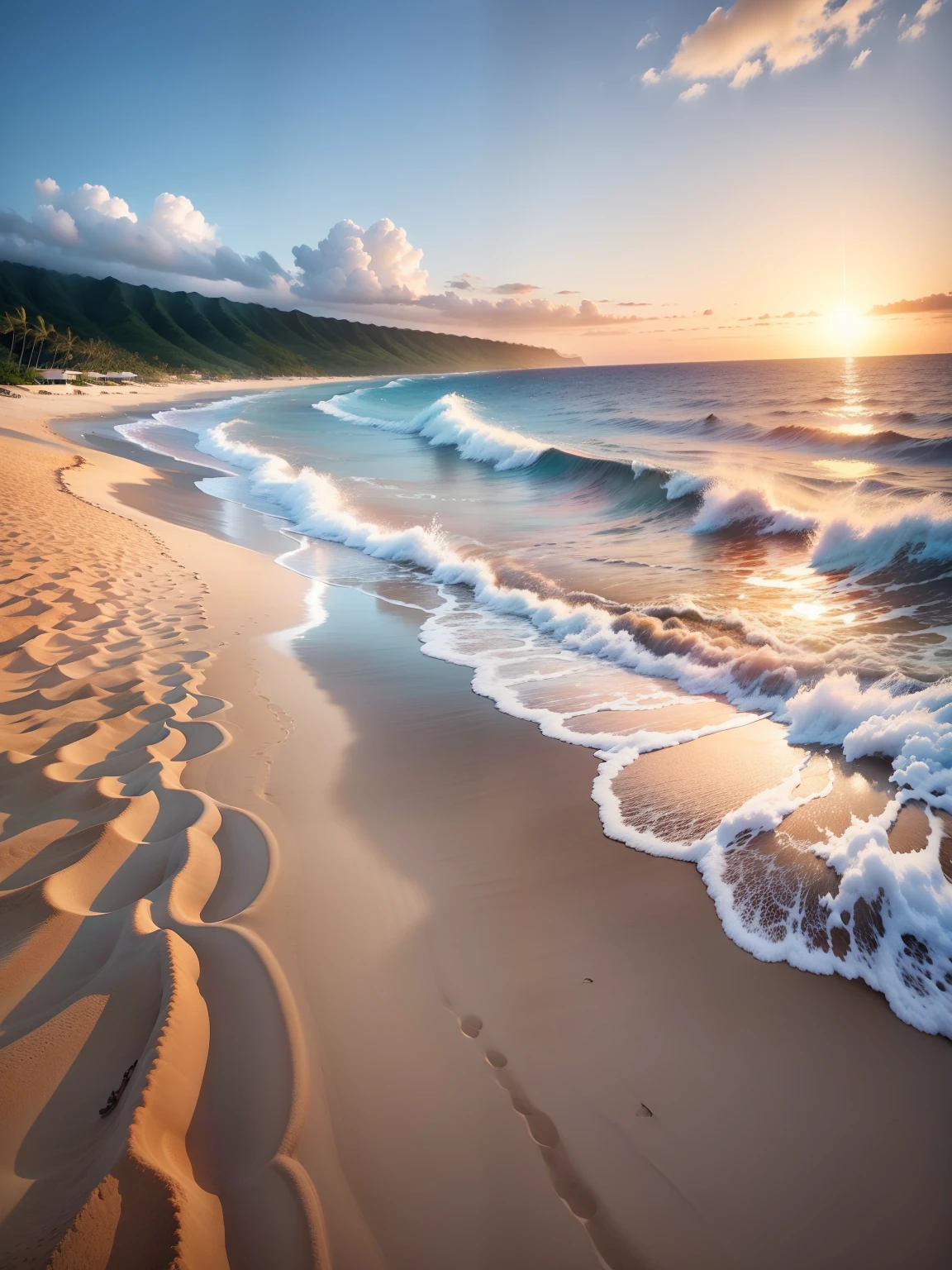 Landscapes、Drama、Photoquality、Beaches in Hawaii、White sandy beach、coconut palms、Ground view、The sun rises from the center、(Photorealsitic:1.4)、(top-quality:1.0)、(超A high resolution:1.0)