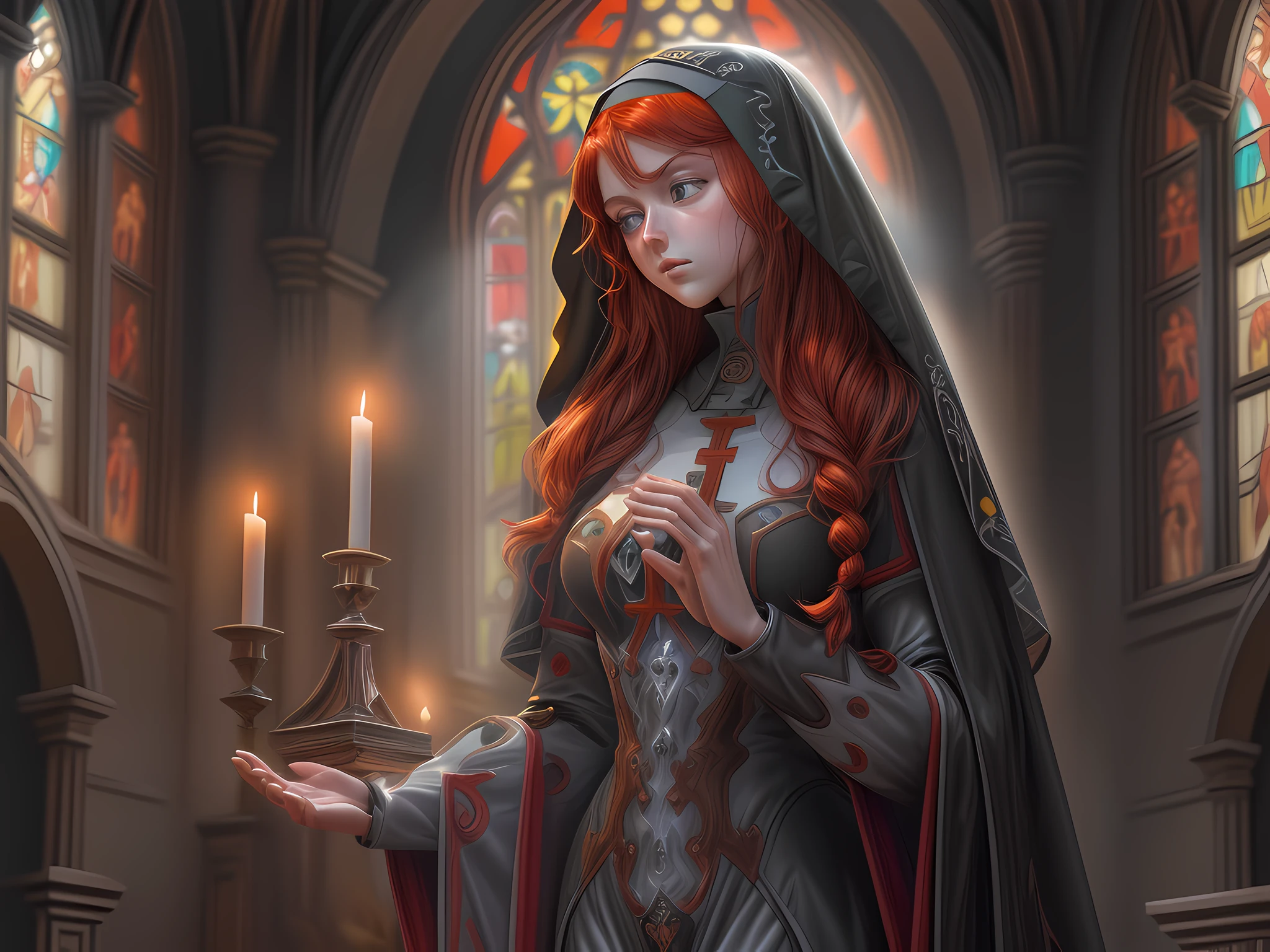 a picture of a (mecha woman nun: 1.3) praying in church, full body, an exquisite beautiful (ultra detailed, Masterpiece, best quality) mecha woman nun, dynamic angle (best detailed, Masterpiece, best quality), best detailed face, ultra feminine, red hair, long hair, braided hair, dynamic eyes color,, (wearing mecha nun habit: 1.4), praying in a goth church, candles light, dim sun rays through church windows, divine rays  high details, fantasy art, RPG art best quality, 16k, [ultra detailed], masterpiece, best quality, (ultra detailed), full body, ultra wide shot, photorealistic, mecha musume