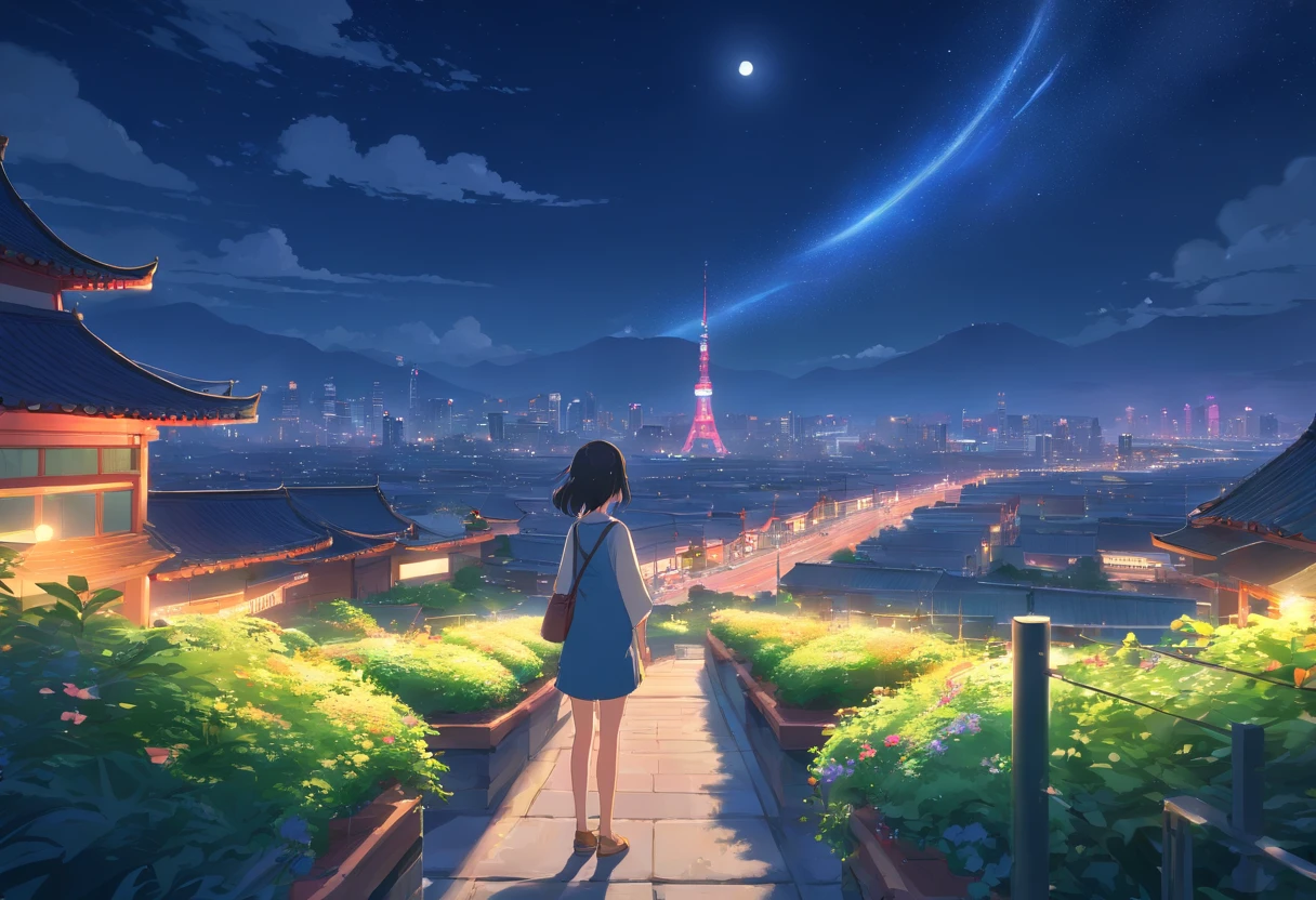 Best quality at best,tmasterpiece,The is very detailed,Face details,8K, detailed back ground,There are no characters,There are no humans,There are no characters,There are no roles,Pure landscape view,独奏,Chinese city,Chinese service,the night,themoon,scenecy,high place,horizon,ventania,wind blown,flowerbed