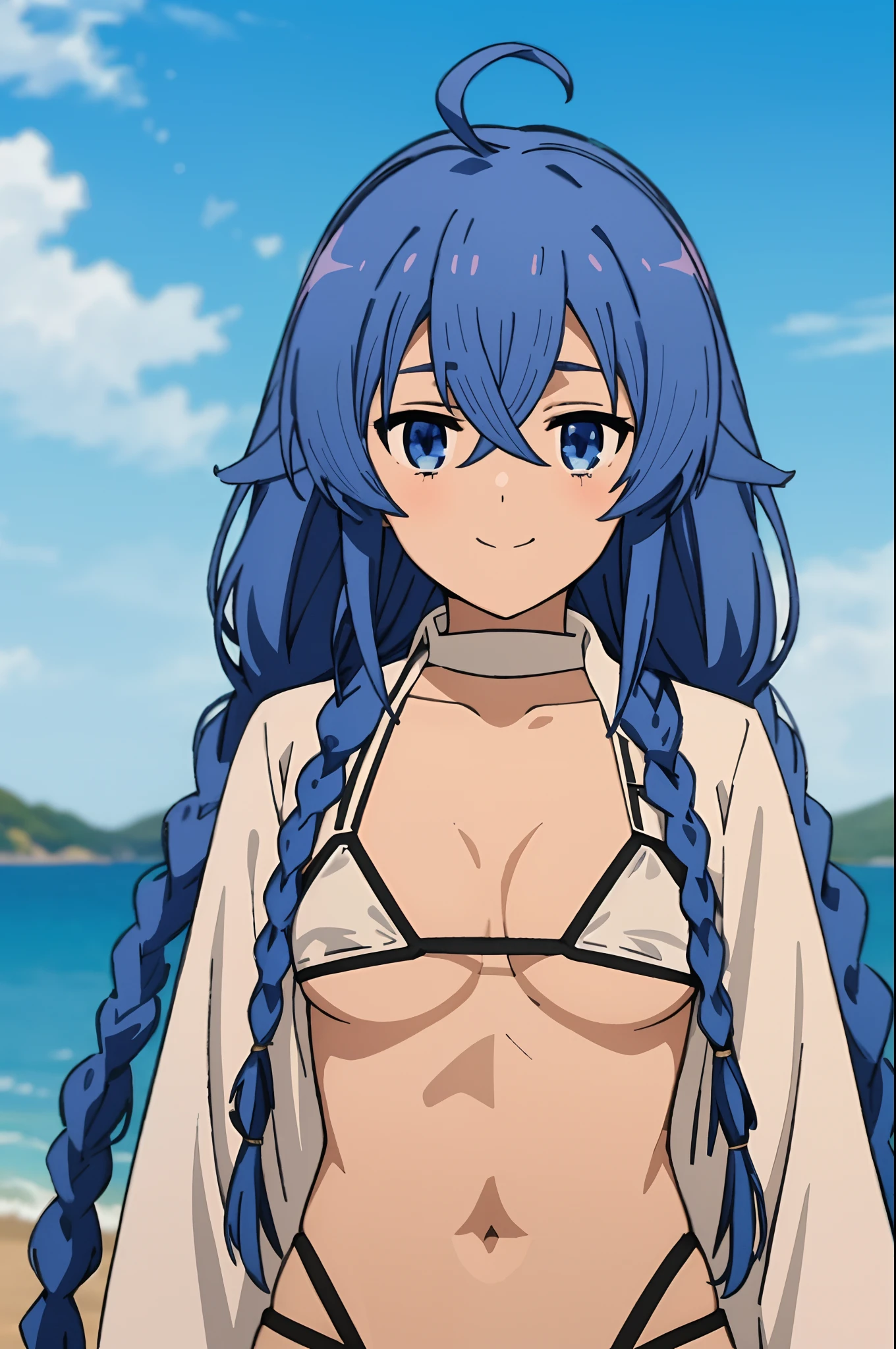 (masterpiece, best quality), Roxy, 1girl, solo, light smile, light blush, twin braids, long hair, blue hair, ahoge, blue eyes, bikini, white bikini, small breasts, completely undressed, upper body, standing, looking at the viewer, sea