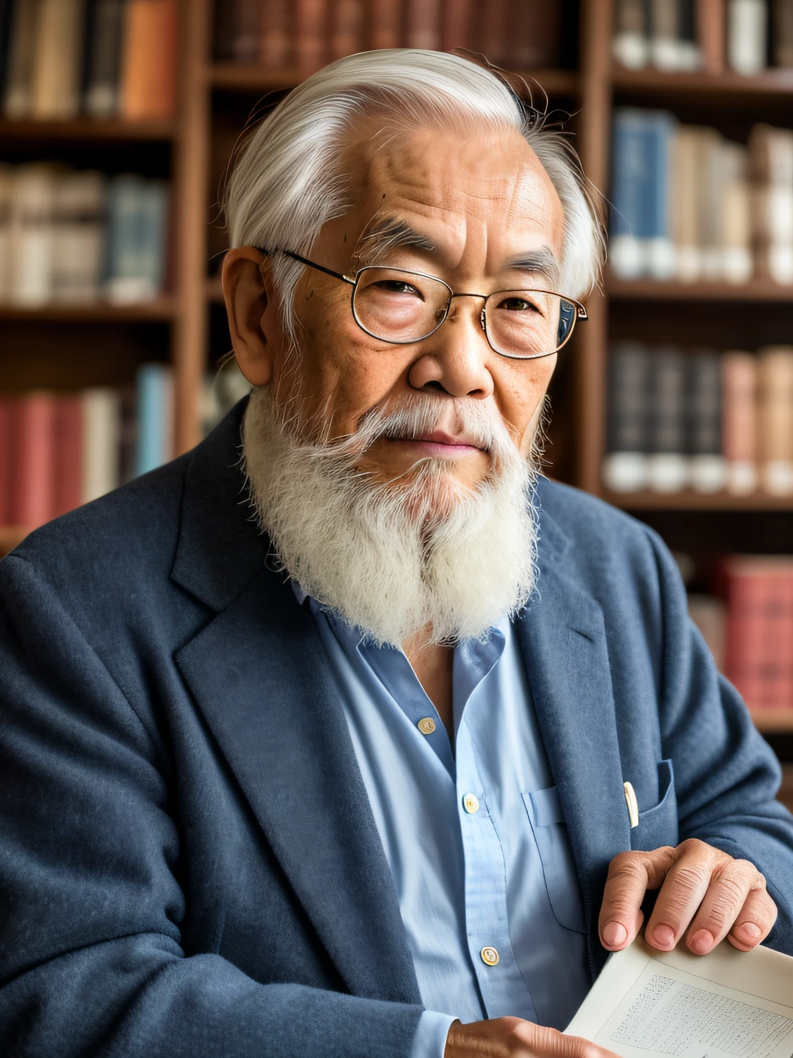 Hyper-Resolution, Ultra photo realsisim, cinema shot, Vignette, Portrait of an 80-year-old Asian man，Look at the viewer，An elderly Asian man，Books in hand,Spiritual old man,Single image，Thin and thin, Old blue eyes, Short white hair, Bookshelf background，White Viking beard, Narrow face，dark-skin, Wide shoulders, Weathered by sunlight and water, Gold pattern royal twin peaks, The Royal Chambers camera is focused on the eye, High focal length, Bust photo，Faraway view，Digital SLR, Dark Studio, rim lit, twotonelighting, Dimly lit, low tune, Backlight,