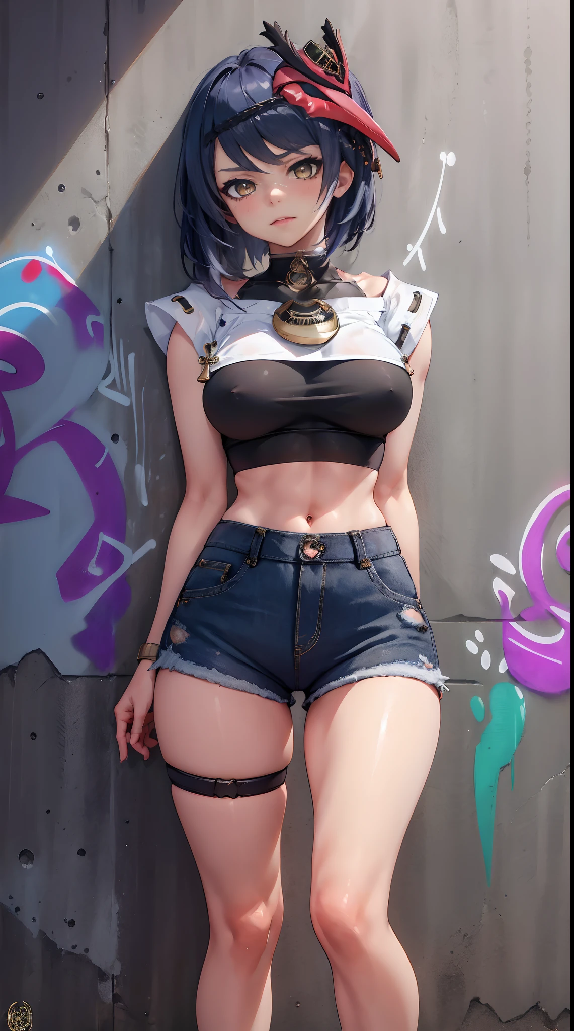 Kujou Sara Genshin Effect, masterpiece, bestquality, 1girls, oversized breasts, bara, crop top, shorts jeans, choker, (Graffiti:1.5), Splash with purple lightning pattern., arm behind back, against wall, View viewers from the front., Thigh strap, Head tilt, bored, water eyes,