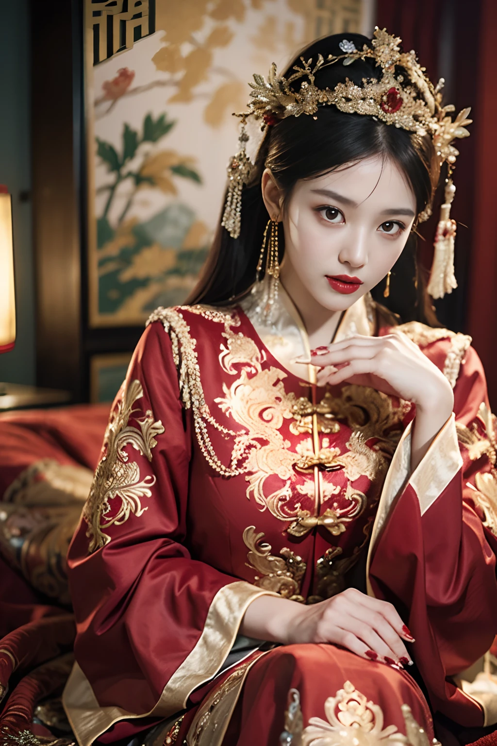 (ultra realistic 8k CG:1.2),perfect artwork,delicate pattern,intricate detail, (unparalleled masterpiece,best quality:1.2),(extremely intricate:1.2),a woman in a red and gold dress, Phoenix crown,hair stick,(sitting on red bed),Cosmetic,blush,shy,black_hair, looking down, Cosmetic,(forehead dot),(2 red candles), chinese_clothes, curtains, earrings, hair_ornament, hanfu, indoors, jewelry, red nails, long_sleeves, red dress, red lips, tassel, (Red quilt),(red palace:1.2),(ancient Chinese architecture),(red:1.8),night