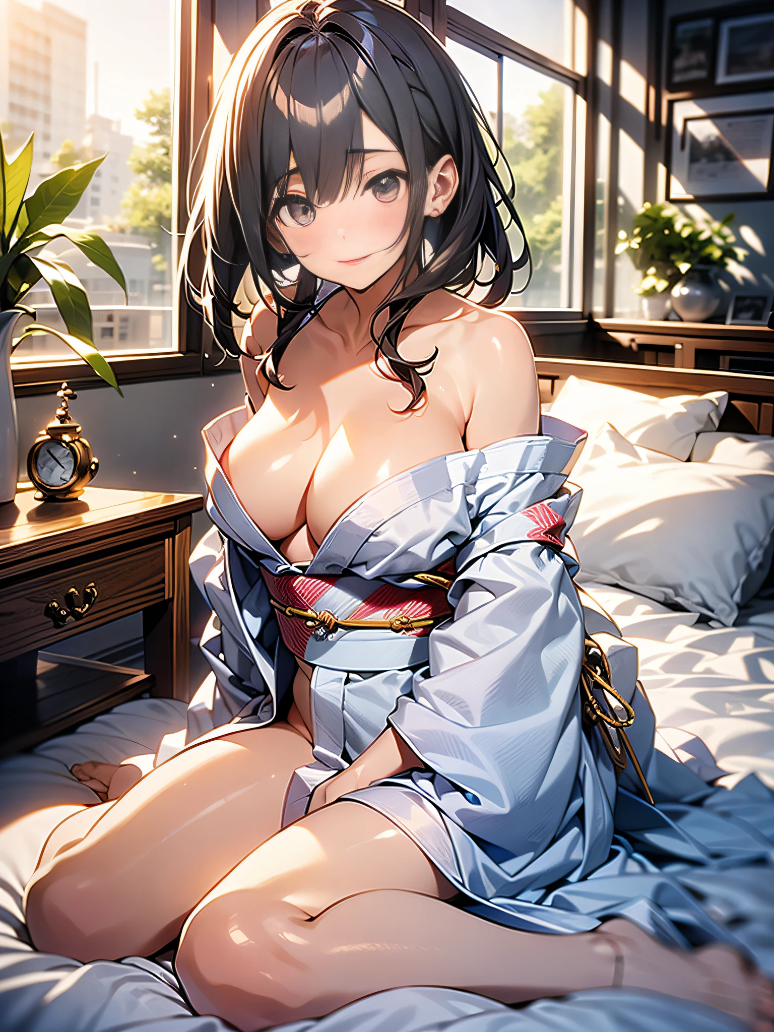 in 8K、top-quality、​masterpiece、ultra-detailliert、Ultra-high resolution、Anime style、(1人の女性)、natta、darkened room、On the futon、fullnude、Sleeping on your back、Hakata yukata、Wide open chest、bare shoulders​、closing eye、embarrassed from、Red face