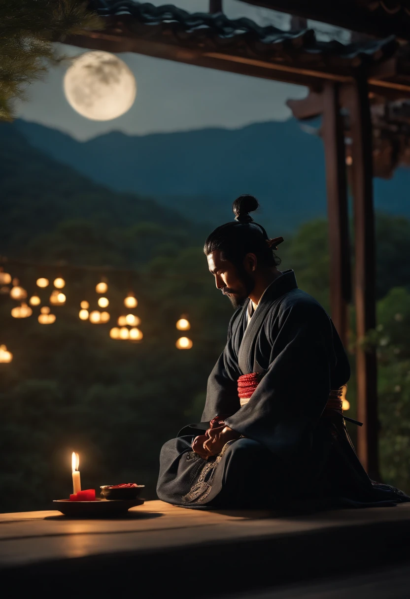 homem, samurai de meia idade meditando ao ar livre, fluttering hair moonlight scenery and blurry background (obra-prima) (8k high resolution) (melhor qualidade) (Ultra Definition) (Ultra realista)(Foto RAW) (Foto realista) (bright illumination)