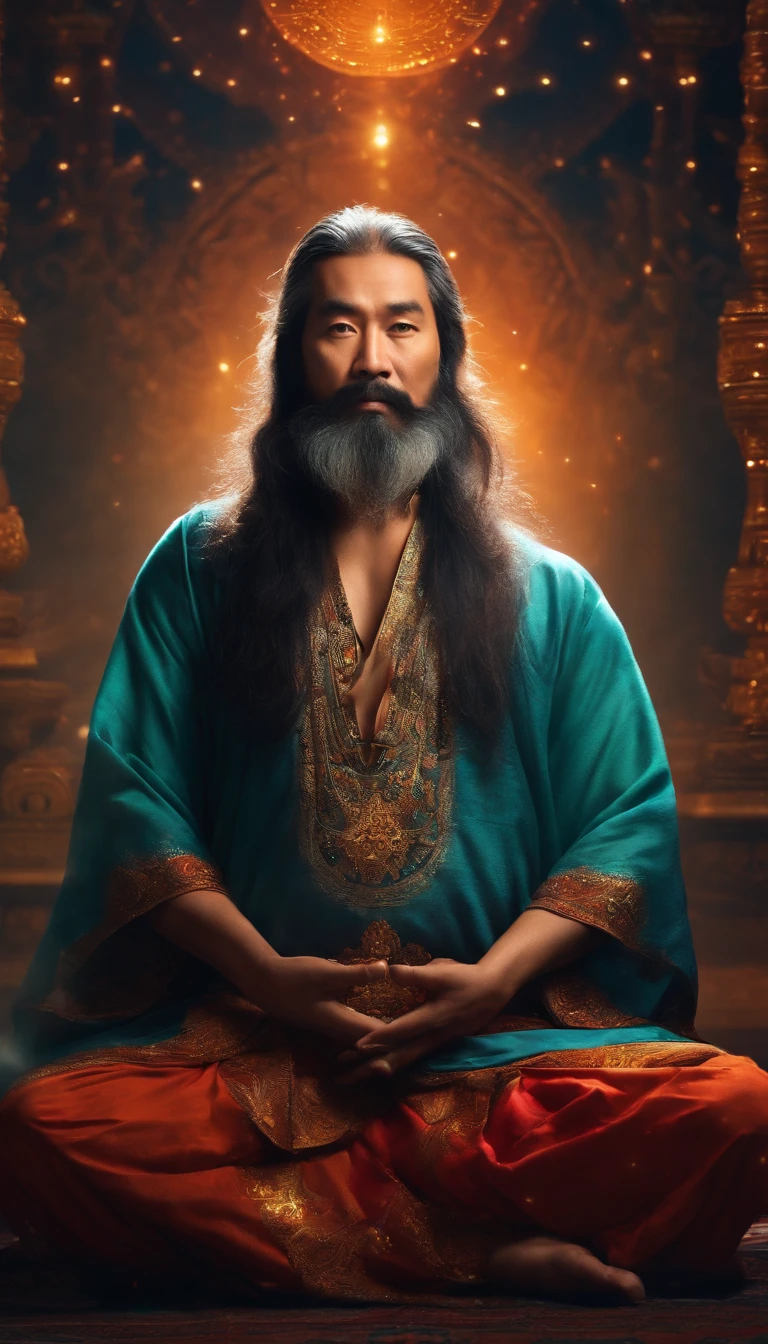 A middle-aged Asian man,Long hair,Long beard,Look directly into the lens,Meditate cross-legged, at centre,Very bright colors, Light particles, with light glowing, Mshiv, wallpaper art, UHD wallpaper